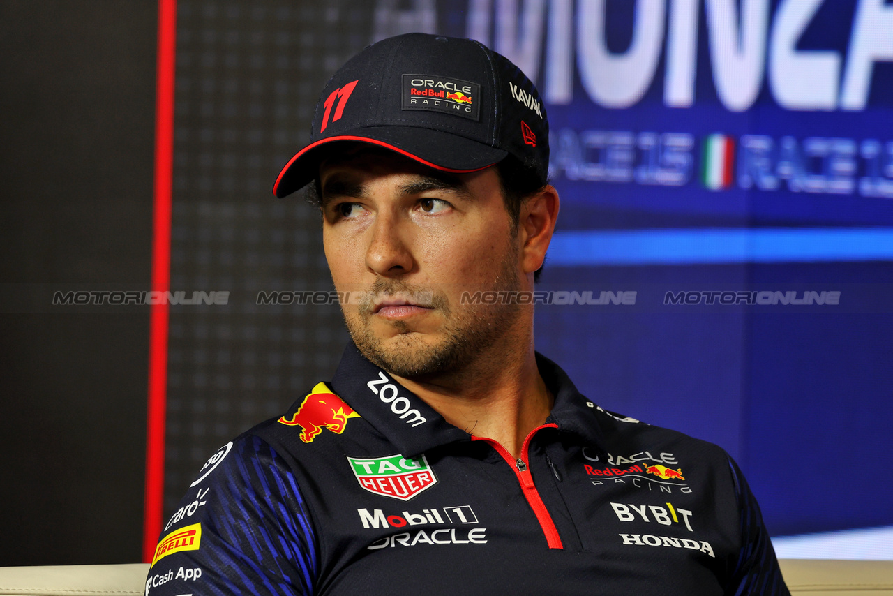 GP ITALIA, Sergio Perez (MEX) Red Bull Racing in the FIA Press Conference.

31.08.2023. Formula 1 World Championship, Rd 15, Italian Grand Prix, Monza, Italy, Preparation Day.

 - www.xpbimages.com, EMail: requests@xpbimages.com © Copyright: Staley / XPB Images