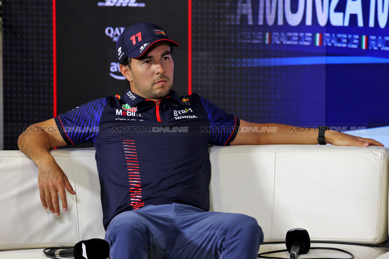 GP ITALIA, Sergio Perez (MEX) Red Bull Racing in the FIA Press Conference.

31.08.2023. Formula 1 World Championship, Rd 15, Italian Grand Prix, Monza, Italy, Preparation Day.

 - www.xpbimages.com, EMail: requests@xpbimages.com © Copyright: Staley / XPB Images