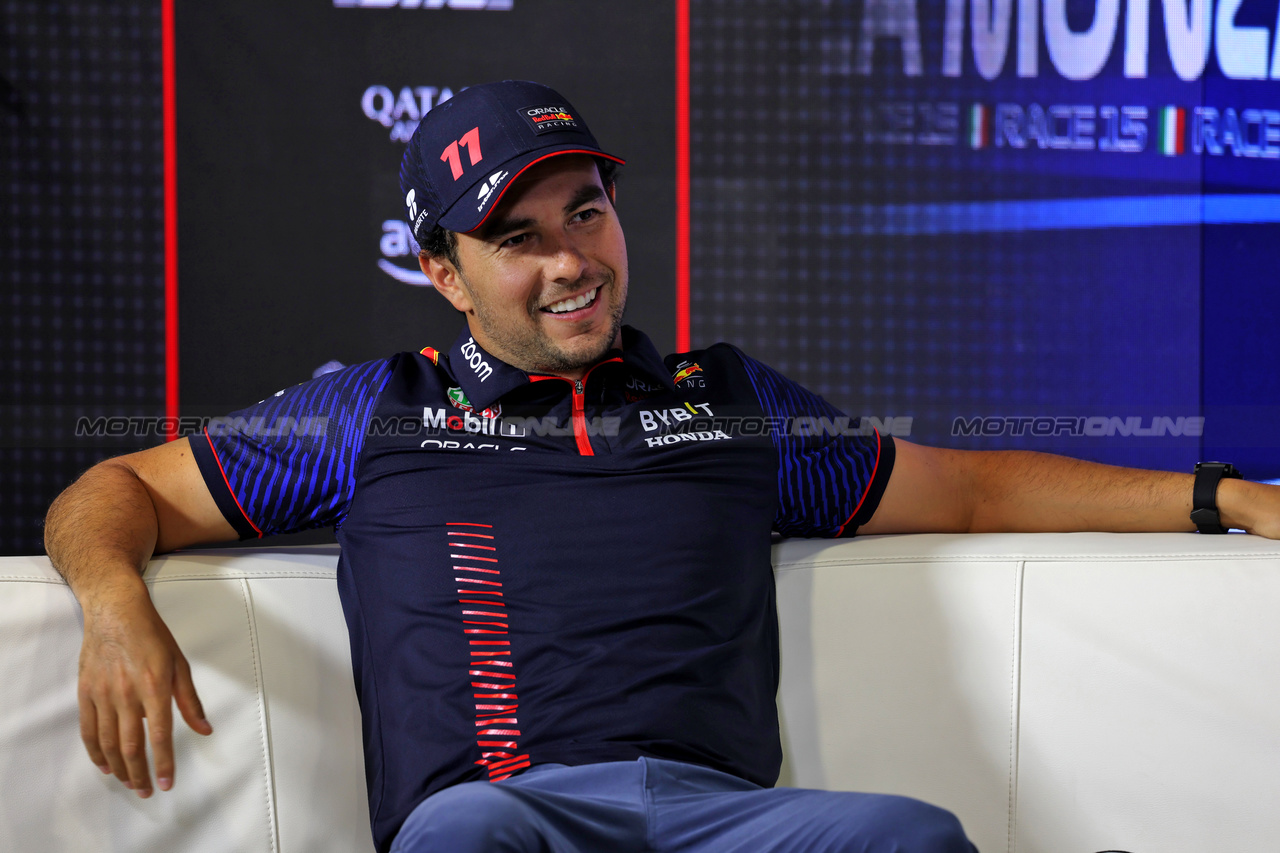 GP ITALIA, Sergio Perez (MEX) Red Bull Racing in the FIA Press Conference.

31.08.2023. Formula 1 World Championship, Rd 15, Italian Grand Prix, Monza, Italy, Preparation Day.

 - www.xpbimages.com, EMail: requests@xpbimages.com © Copyright: Staley / XPB Images