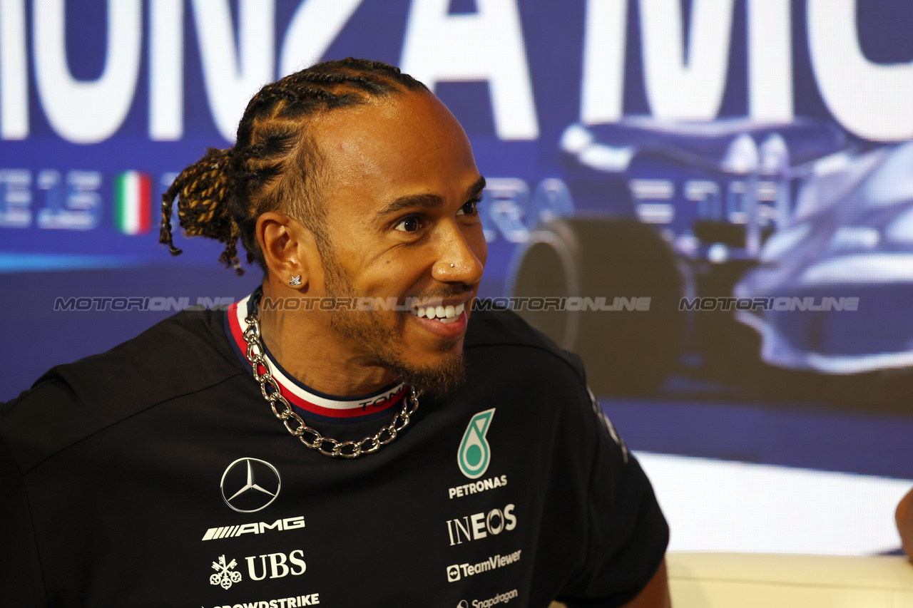 GP ITALIA, Lewis Hamilton (GBR) Mercedes AMG F1 in the FIA Press Conference.

31.08.2023. Formula 1 World Championship, Rd 15, Italian Grand Prix, Monza, Italy, Preparation Day.

 - www.xpbimages.com, EMail: requests@xpbimages.com © Copyright: Staley / XPB Images