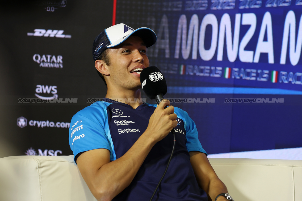 GP ITALIA, Alexander Albon (THA) Williams Racing in the FIA Press Conference.

31.08.2023. Formula 1 World Championship, Rd 15, Italian Grand Prix, Monza, Italy, Preparation Day.

 - www.xpbimages.com, EMail: requests@xpbimages.com © Copyright: Staley / XPB Images