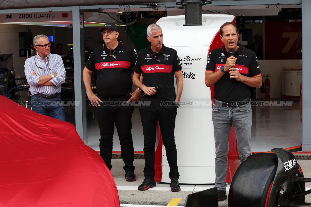 GP ITALIA, (L to R): Stefano Domenicali (ITA) Formula One President e CEO; Jean-Philippe Imparato (FRA) Alfa Romeo Brand Chief Executive Officer; Alessandro Alunni Bravi (ITA) Alfa Romeo F1 Team Managing Director e Team Representative; e Cristiano Fiorio (ITA) Alfa Romeo Head of Stategic Projects e F1 Vice President - Alfa Romeo 33 Stradale unveil.

31.08.2023. Formula 1 World Championship, Rd 15, Italian Grand Prix, Monza, Italy, Preparation Day.

 - www.xpbimages.com, EMail: requests@xpbimages.com © Copyright: Staley / XPB Images