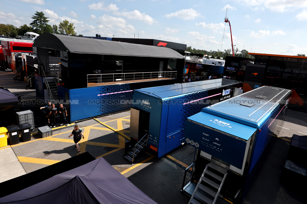 GP ITALIA, Alpine F1 Team trucks in the paddock.

31.08.2023. Formula 1 World Championship, Rd 15, Italian Grand Prix, Monza, Italy, Preparation Day.

- www.xpbimages.com, EMail: requests@xpbimages.com © Copyright: Moy / XPB Images