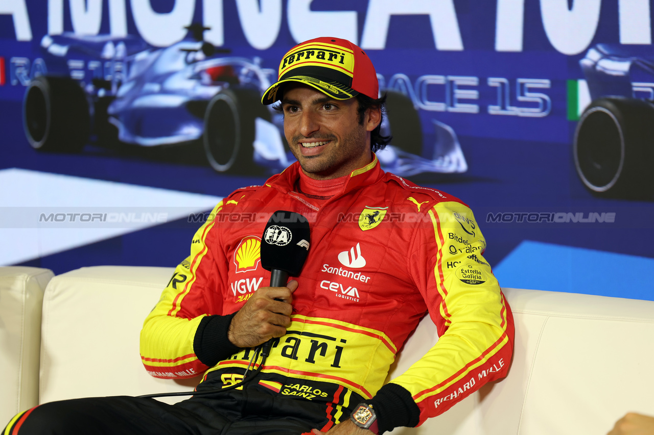 GP ITALIA, Carlos Sainz Jr (ESP) Ferrari in the qualifying FIA Press Conference.

02.09.2023. Formula 1 World Championship, Rd 15, Italian Grand Prix, Monza, Italy, Qualifiche Day.

 - www.xpbimages.com, EMail: requests@xpbimages.com © Copyright: Staley / XPB Images