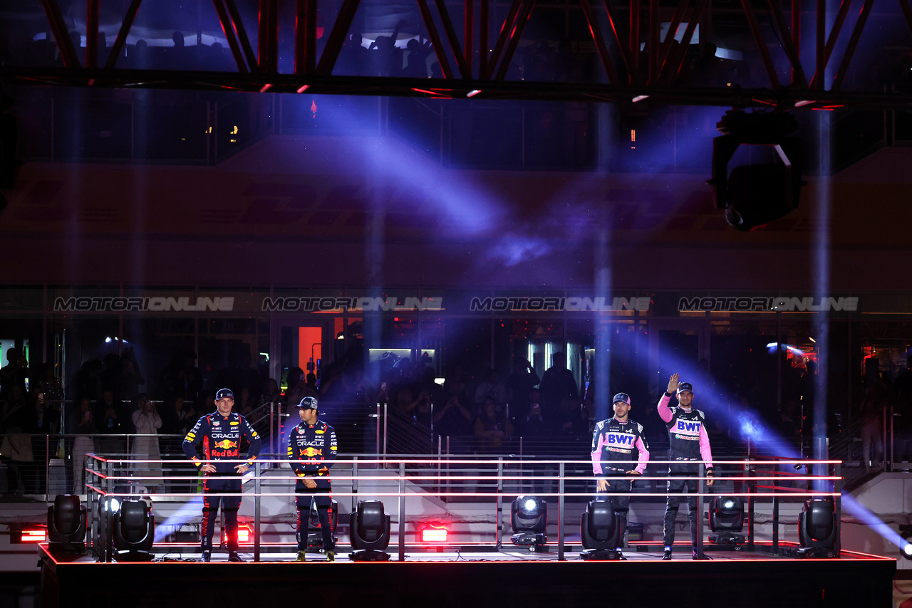 GP LAS VEGAS, (L to R): Max Verstappen (NLD) Red Bull Racing; Sergio Perez (MEX) Red Bull Racing; Pierre Gasly (FRA) Alpine F1 Team; e Esteban Ocon (FRA) Alpine F1 Team - Opening Ceremony.

15.11.2023. Formula 1 World Championship, Rd 22, Las Vegas Grand Prix, Las Vegas, Nevada, USA, Preparation Day.

- www.xpbimages.com, EMail: requests@xpbimages.com © Copyright: Moy / XPB Images