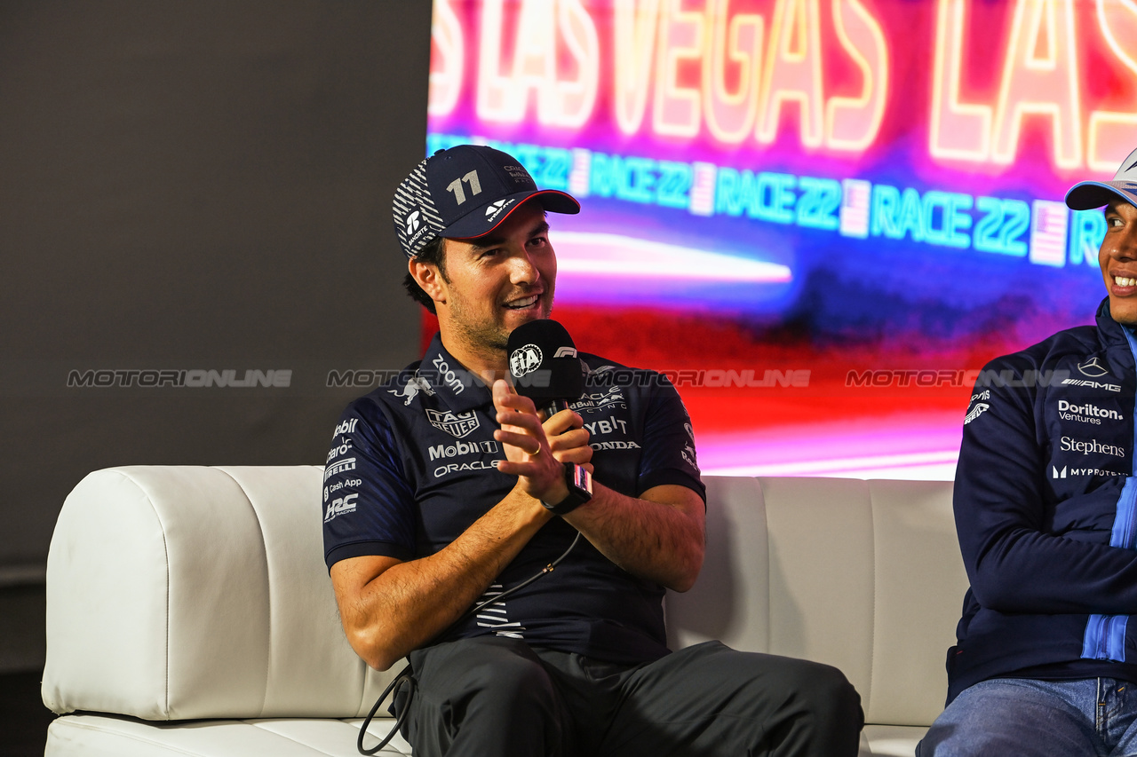 GP LAS VEGAS, Sergio Perez (MEX) Red Bull Racing in the FIA Press Conference.

15.11.2023. Formula 1 World Championship, Rd 22, Las Vegas Grand Prix, Las Vegas, Nevada, USA, Preparation Day.

- www.xpbimages.com, EMail: requests@xpbimages.com © Copyright: XPB Images