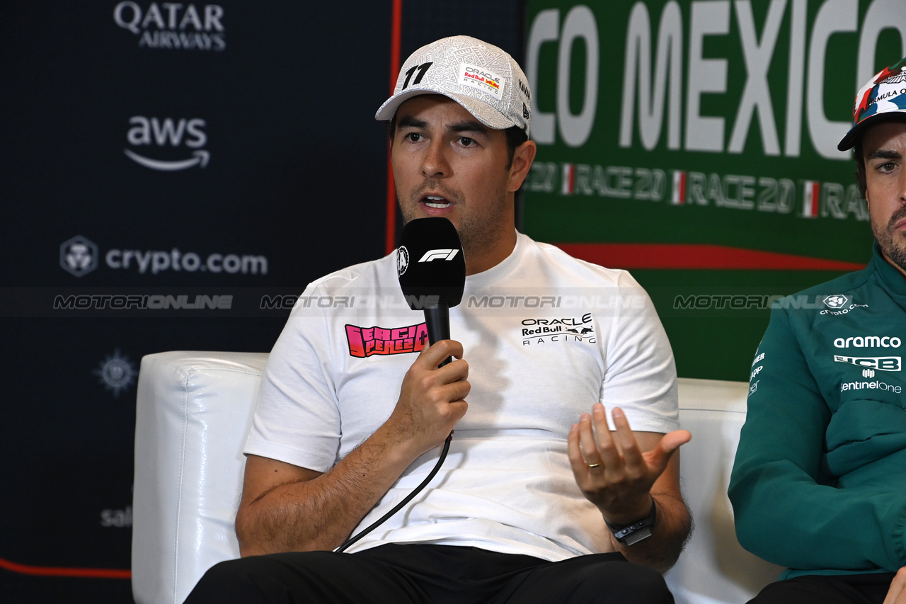 GP MESSICO, Sergio Perez (MEX) Red Bull Racing in the FIA Press Conference.

26.10.2023. Formula 1 World Championship, Rd 20, Mexican Grand Prix, Mexico City, Mexico, Preparation Day.

- www.xpbimages.com, EMail: requests@xpbimages.com © Copyright: XPB Images