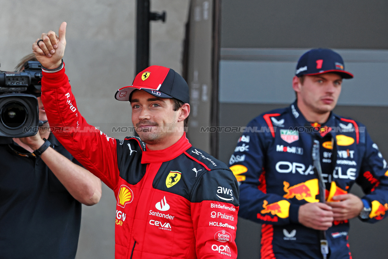 GP MESSICO, Charles Leclerc (MON) Ferrari SF-23 celebrates his pole position in qualifying parc ferme.

28.10.2023. Formula 1 World Championship, Rd 20, Mexican Grand Prix, Mexico City, Mexico, Qualifiche Day.

- www.xpbimages.com, EMail: requests@xpbimages.com © Copyright: Moy / XPB Images