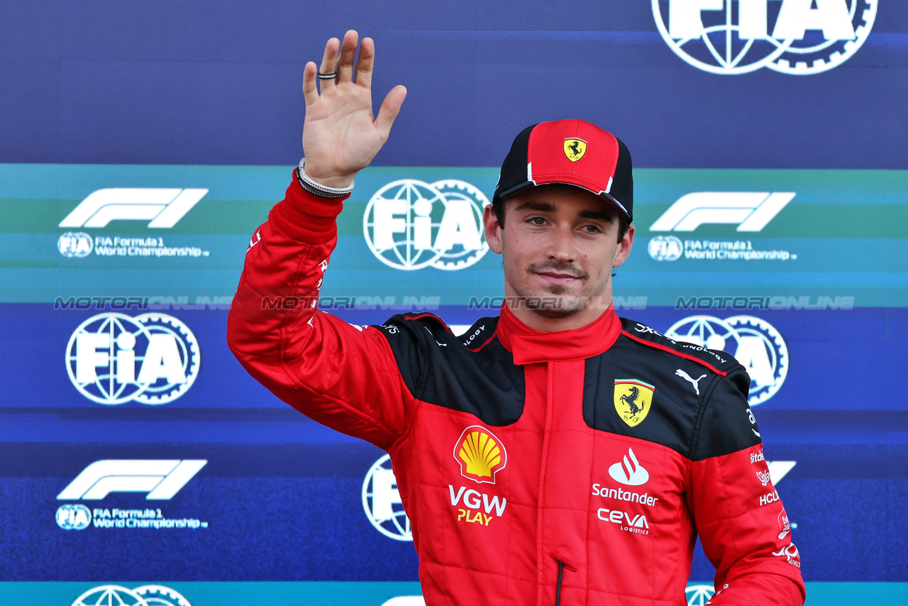GP MESSICO, Charles Leclerc (MON) Ferrari SF-23 celebrates his pole position in qualifying parc ferme.

28.10.2023. Formula 1 World Championship, Rd 20, Mexican Grand Prix, Mexico City, Mexico, Qualifiche Day.

- www.xpbimages.com, EMail: requests@xpbimages.com © Copyright: Moy / XPB Images