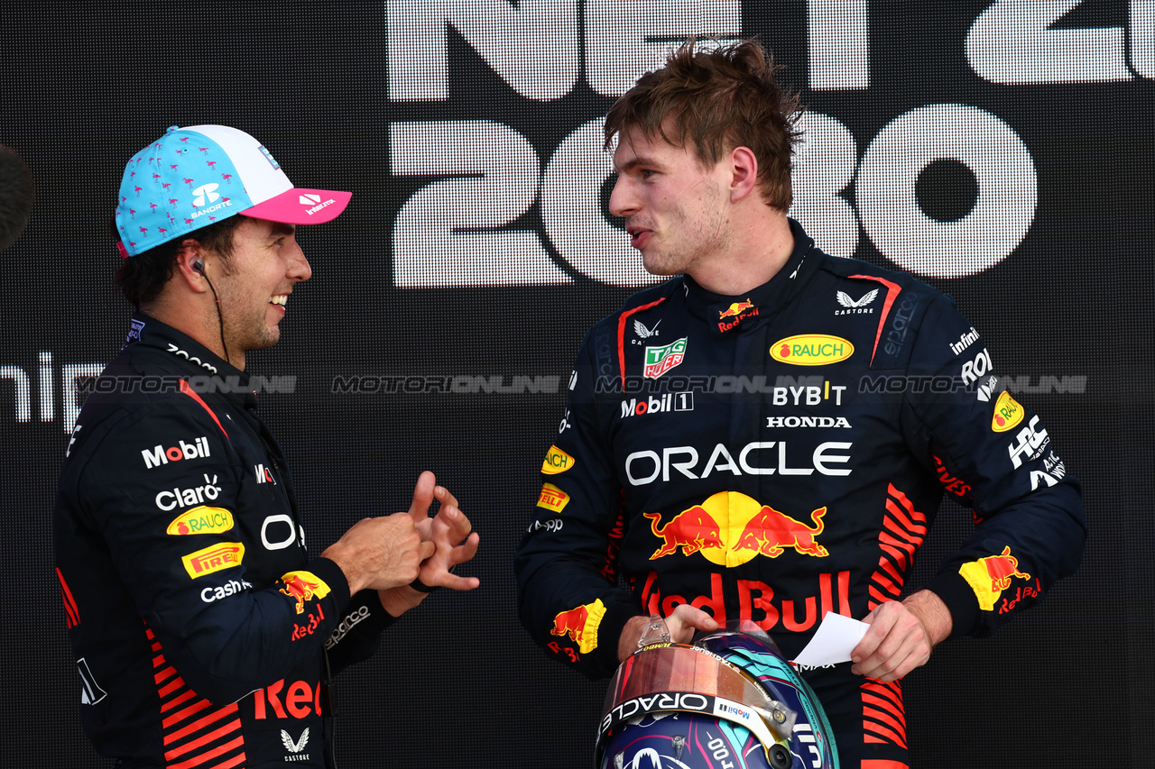 GP MIAMI, 2nd place Sergio Perez (MEX) Red Bull Racing with 1st place Max Verstappen (NLD) Red Bull Racing.
07.05.2023. Formula 1 World Championship, Rd 5, Miami Grand Prix, Miami, Florida, USA, Gara Day.
- www.xpbimages.com, EMail: requests@xpbimages.com ¬© Copyright: Batchelor / XPB Images