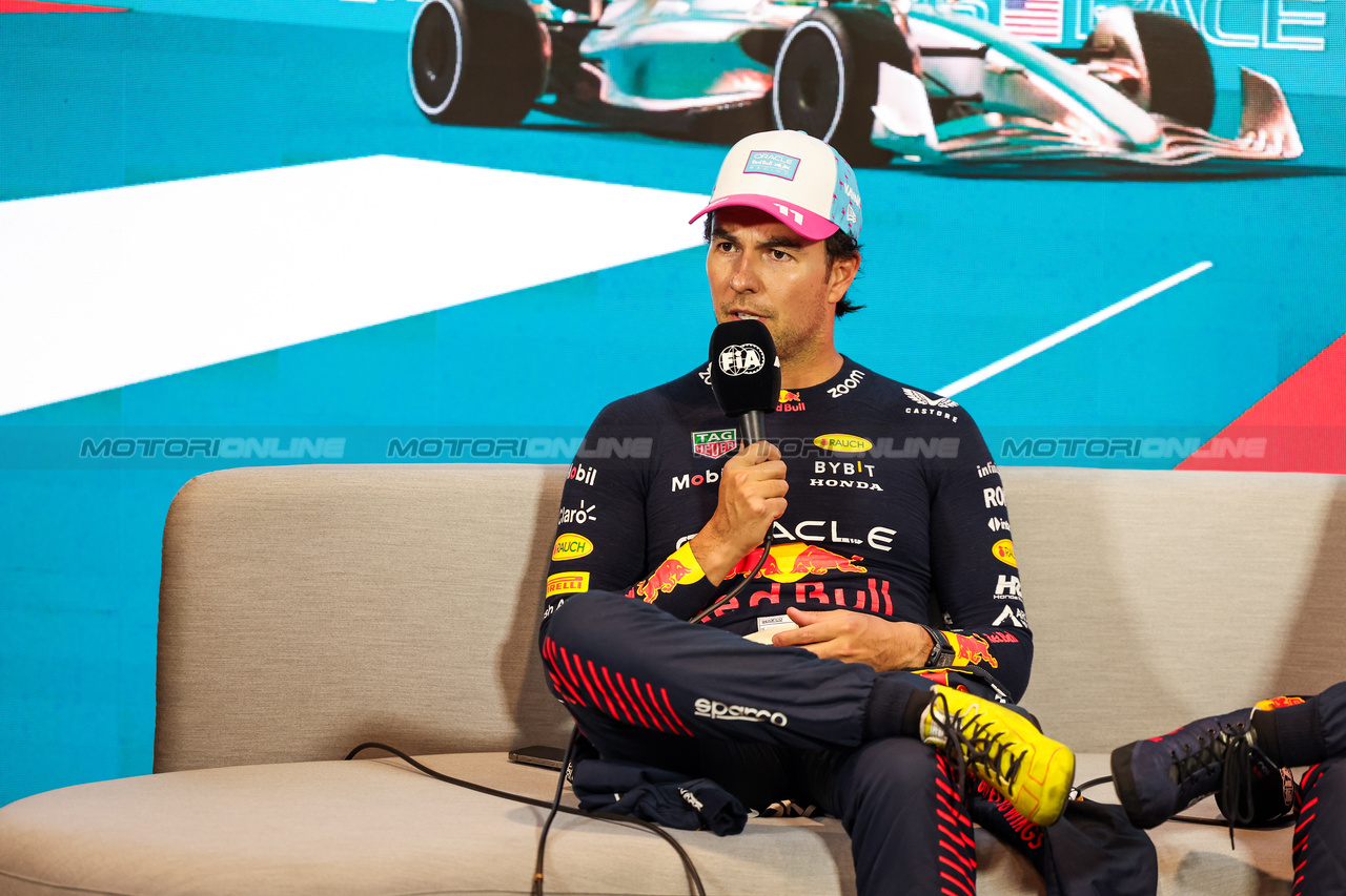 GP MIAMI, Sergio Perez (MEX) Red Bull Racing in the post race FIA Press Conference.

07.05.2023. Formula 1 World Championship, Rd 5, Miami Grand Prix, Miami, Florida, USA, Gara Day.

- www.xpbimages.com, EMail: requests@xpbimages.com ¬© Copyright: XPB Images