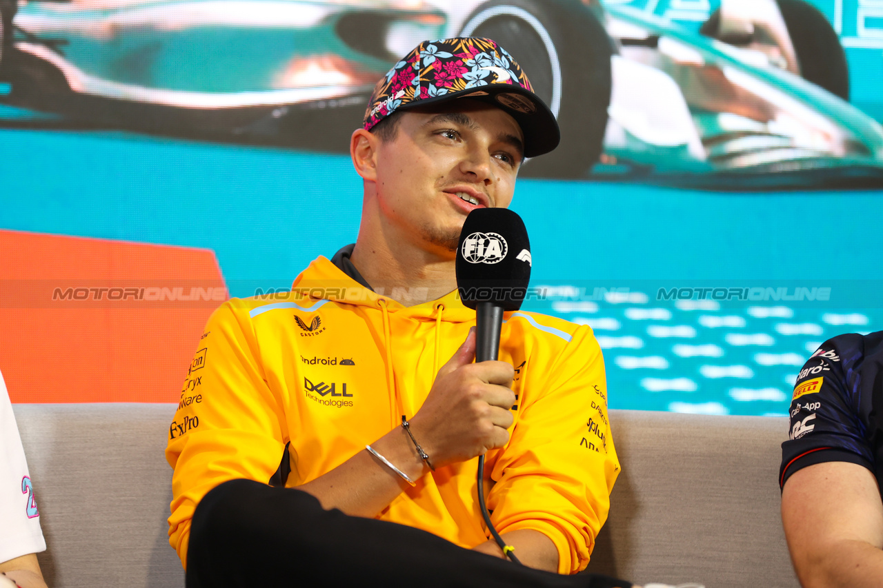 GP MIAMI, Lando Norris (GBR) McLaren in the FIA Press Conference.

04.05.2023. Formula 1 World Championship, Rd 5, Miami Grand Prix, Miami, Florida, USA, Preparation Day.

- www.xpbimages.com, EMail: requests@xpbimages.com ¬© Copyright: XPB Images