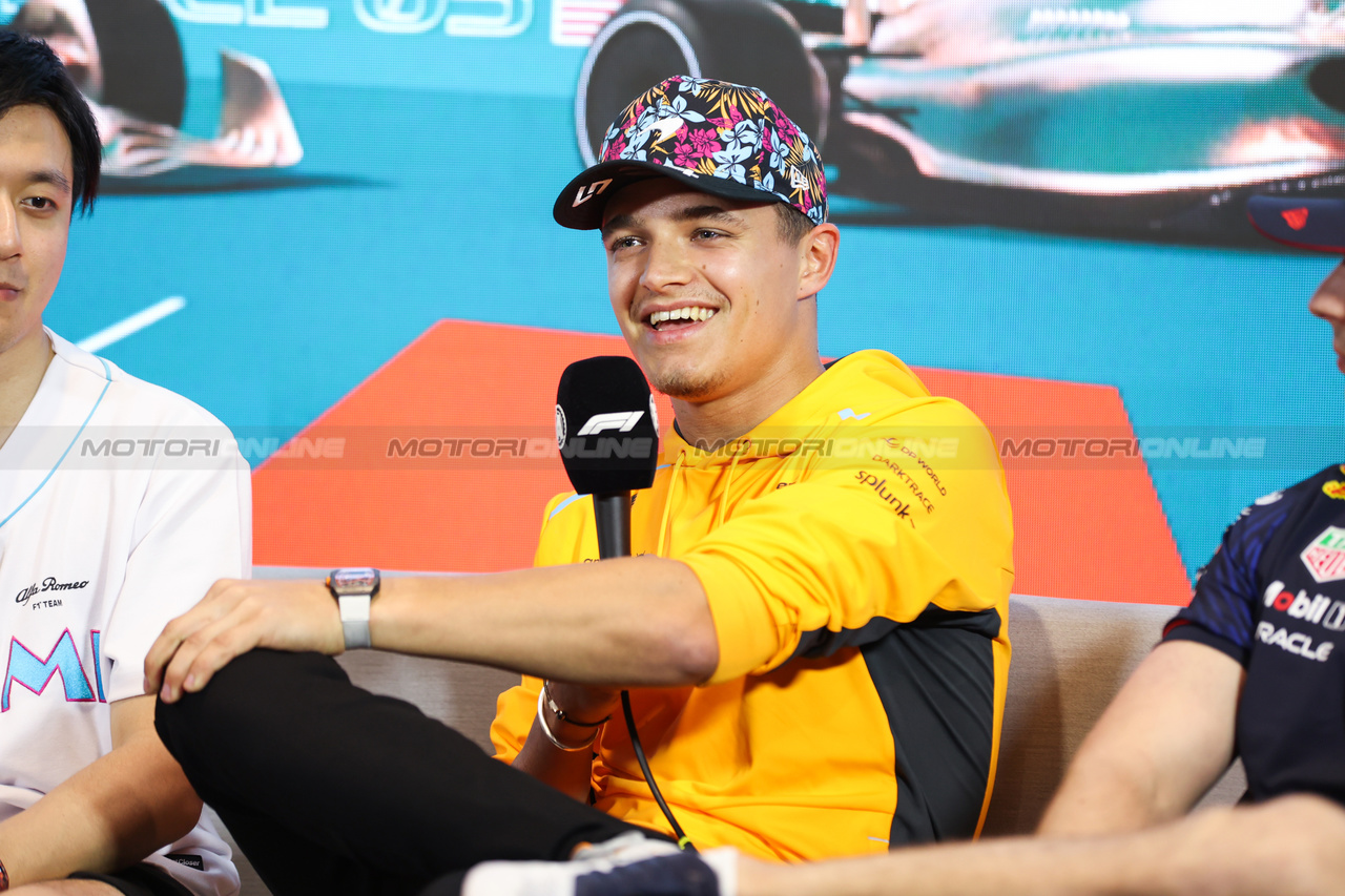 GP MIAMI, Lando Norris (GBR) McLaren in the FIA Press Conference.

04.05.2023. Formula 1 World Championship, Rd 5, Miami Grand Prix, Miami, Florida, USA, Preparation Day.

- www.xpbimages.com, EMail: requests@xpbimages.com ¬© Copyright: XPB Images