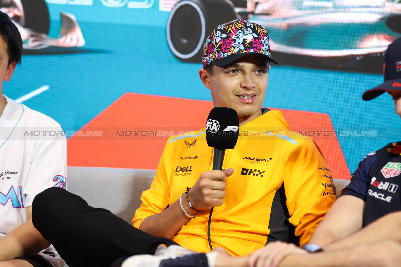 GP MIAMI, Lando Norris (GBR) McLaren in the FIA Press Conference.

04.05.2023. Formula 1 World Championship, Rd 5, Miami Grand Prix, Miami, Florida, USA, Preparation Day.

- www.xpbimages.com, EMail: requests@xpbimages.com ¬© Copyright: XPB Images