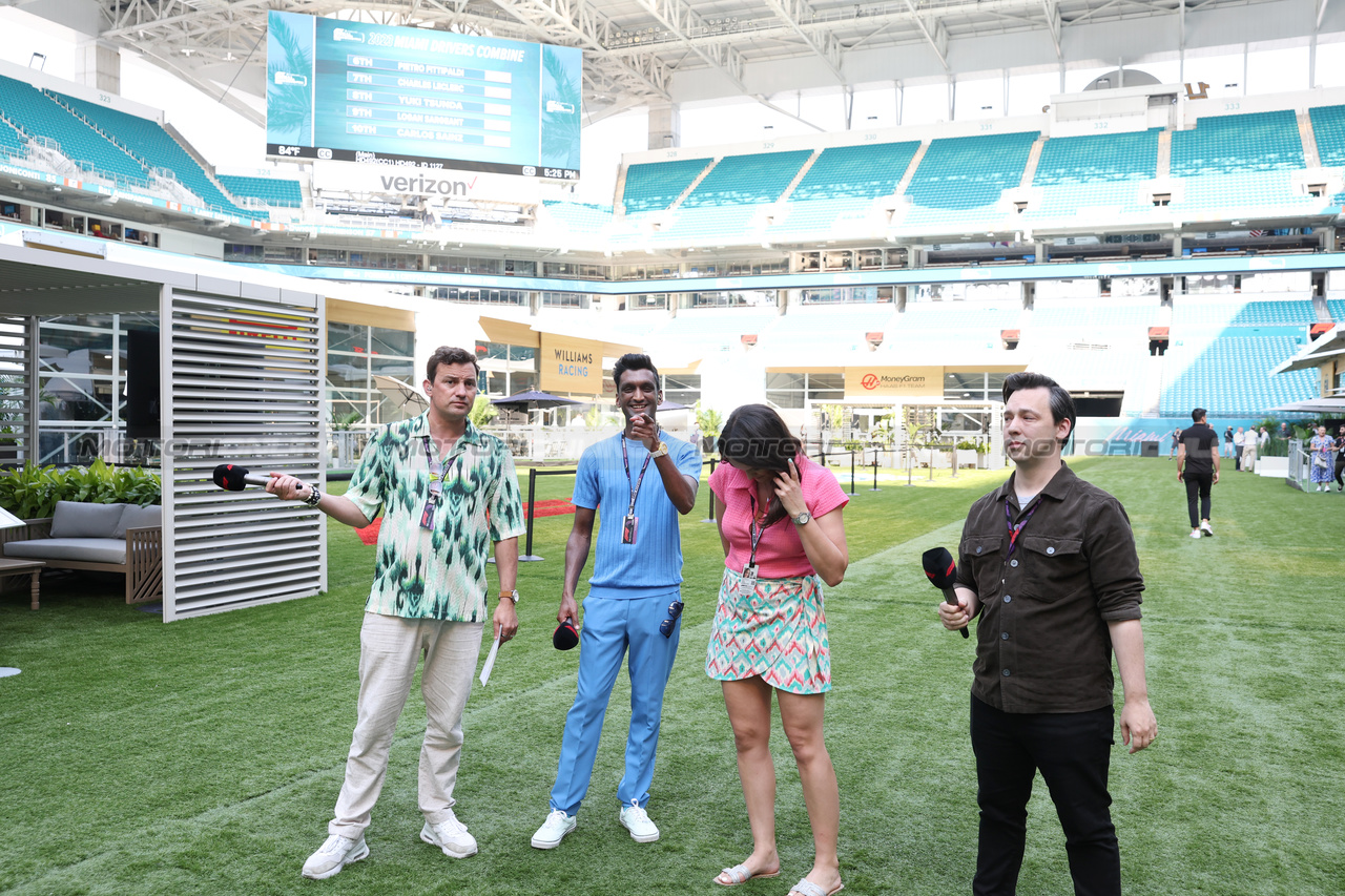 GP MIAMI, (L to R): Will Buxton (GBR) F1 Digital Presenter; Lawrence Barretto (GBR) Formula 1 Senior Writer Editor; Laura Winter (GBR) F1 Presenter; e Alex Jacques (GBR) F1TV e Channel 4 Commentator.

04.05.2023. Formula 1 World Championship, Rd 5, Miami Grand Prix, Miami, Florida, USA, Preparation Day.

- www.xpbimages.com, EMail: requests@xpbimages.com ¬© Copyright: Bearne / XPB Images