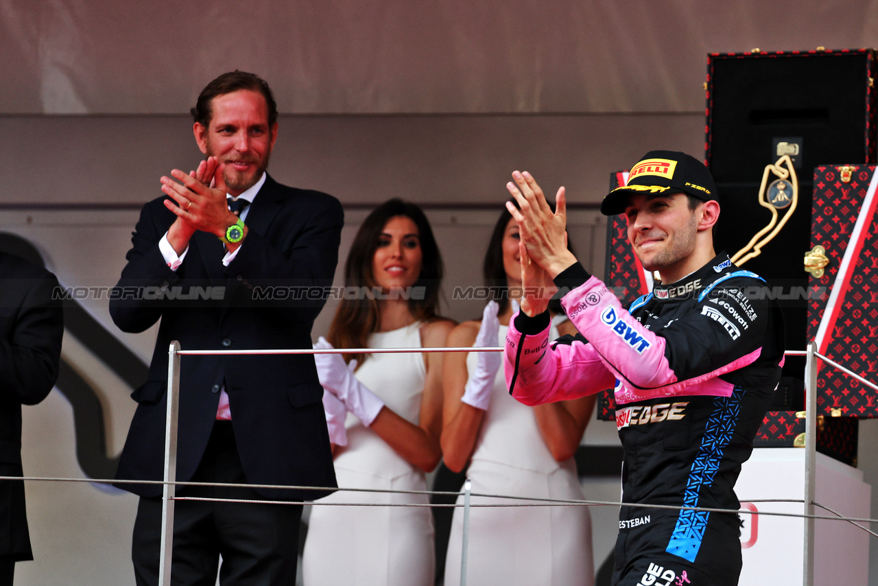 GP MONACO, Esteban Ocon (FRA) Alpine F1 Team celebrates his third position on the podium.

28.05.2023. Formula 1 World Championship, Rd 7, Monaco Grand Prix, Monte Carlo, Monaco, Gara Day.

- www.xpbimages.com, EMail: requests@xpbimages.com ¬© Copyright: Moy / XPB Images