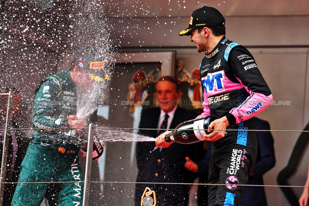 GP MONACO, Esteban Ocon (FRA) Alpine F1 Team celebrates his third position on the podium.

28.05.2023. Formula 1 World Championship, Rd 7, Monaco Grand Prix, Monte Carlo, Monaco, Gara Day.

- www.xpbimages.com, EMail: requests@xpbimages.com ¬© Copyright: Moy / XPB Images