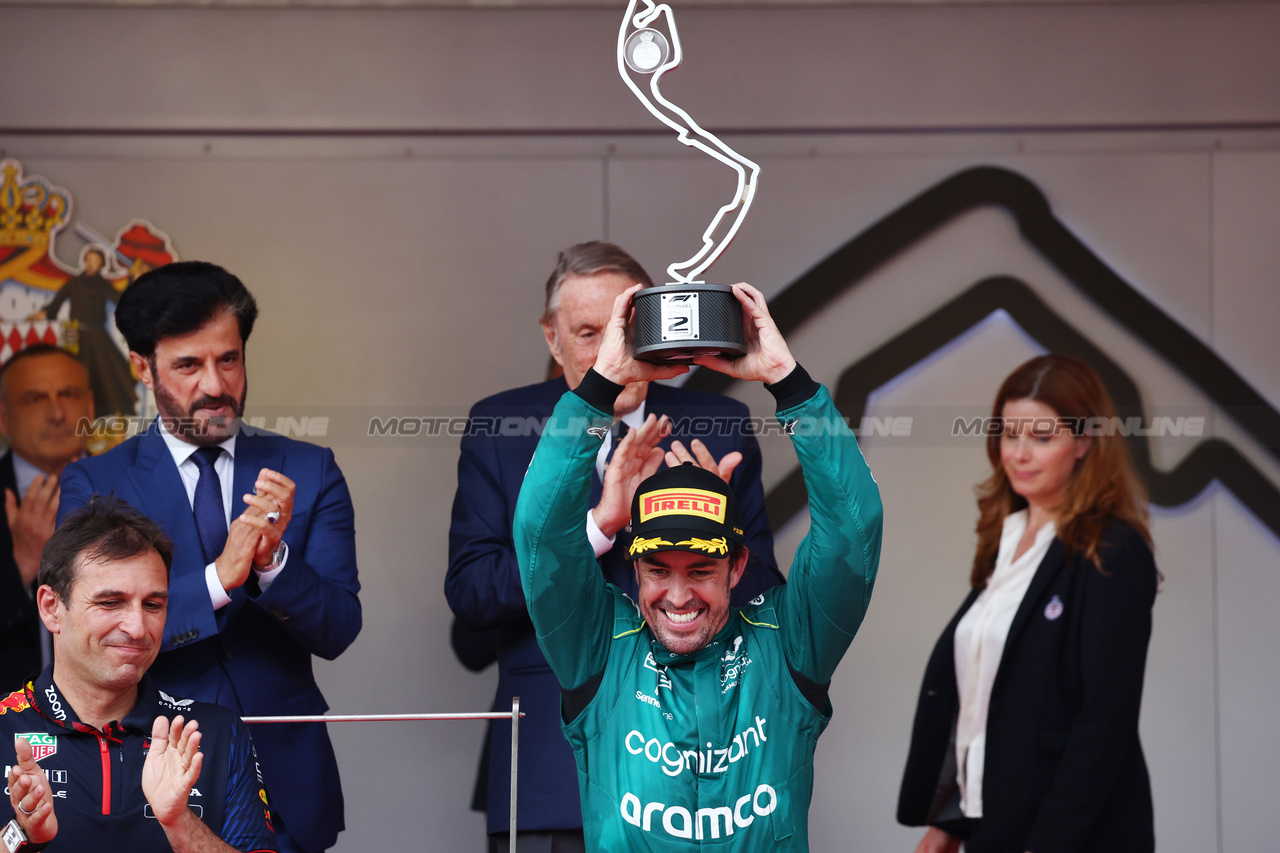 GP MONACO, Fernando Alonso (ESP) Aston Martin F1 Team celebrates his second position on the podium.

28.05.2023. Formula 1 World Championship, Rd 7, Monaco Grand Prix, Monte Carlo, Monaco, Gara Day.

- www.xpbimages.com, EMail: requests@xpbimages.com ¬© Copyright: Batchelor / XPB Images