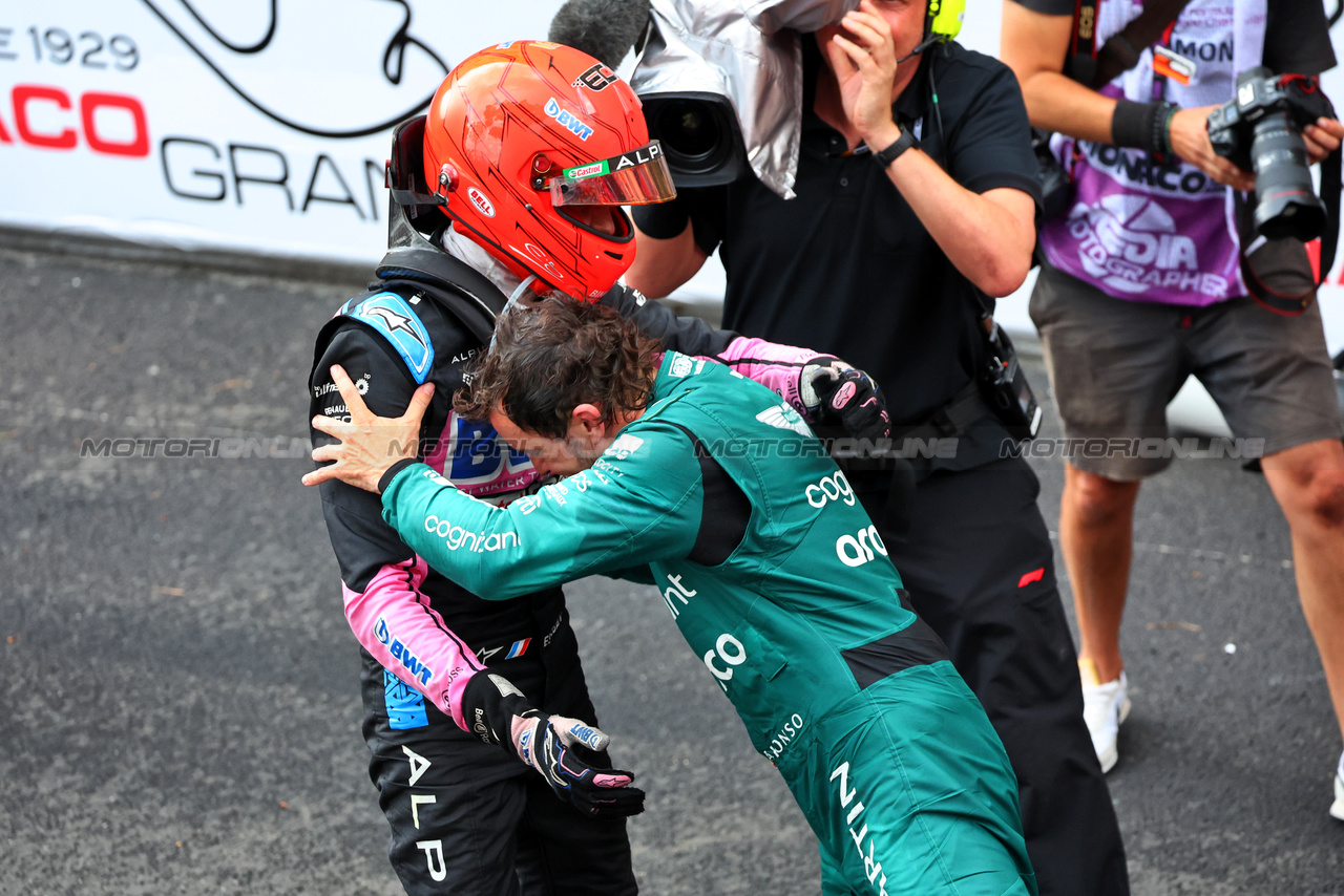 GP MONACO, Esteban Ocon (FRA) Alpine F1 Team celebrates his third position in parc ferme with second placed Fernando Alonso (ESP) Aston Martin F1 Team.

28.05.2023. Formula 1 World Championship, Rd 7, Monaco Grand Prix, Monte Carlo, Monaco, Gara Day.

- www.xpbimages.com, EMail: requests@xpbimages.com ¬© Copyright: Batchelor / XPB Images