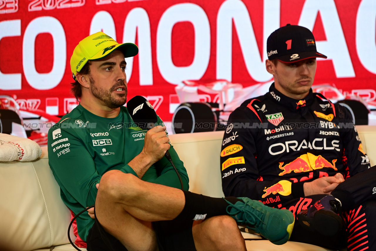 GP MONACO, (L to R): Fernando Alonso (ESP) Aston Martin F1 Team e Max Verstappen (NLD) Red Bull Racing in the post race FIA Press Conference.

28.05.2023. Formula 1 World Championship, Rd 7, Monaco Grand Prix, Monte Carlo, Monaco, Gara Day.

- www.xpbimages.com, EMail: requests@xpbimages.com ¬© Copyright: Moy / XPB Images