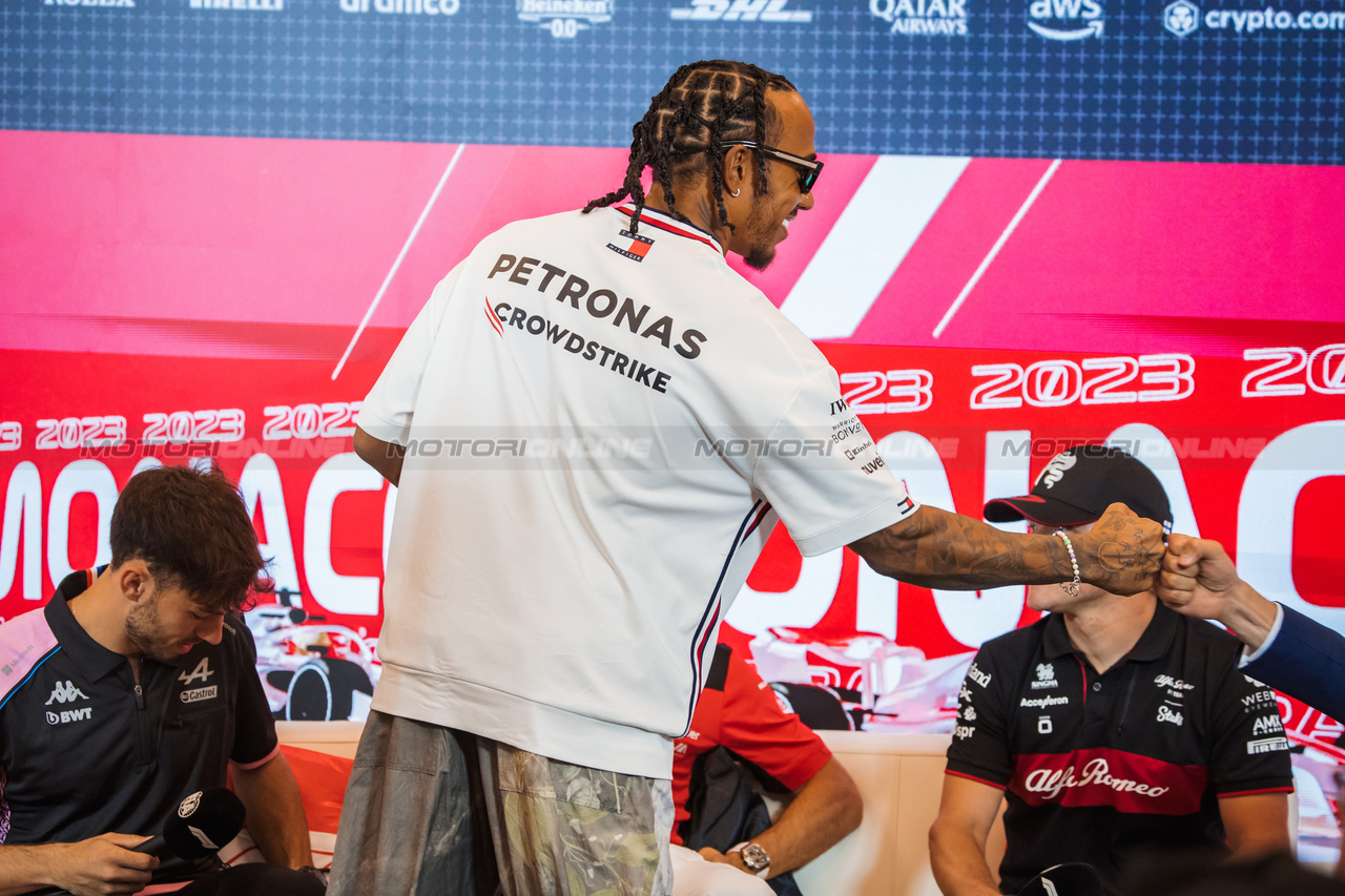 GP MONACO, Lewis Hamilton (GBR) Mercedes AMG F1 in the FIA Press Conference.

25.05.2023. Formula 1 World Championship, Rd 7, Monaco Grand Prix, Monte Carlo, Monaco, Preparation Day.

- www.xpbimages.com, EMail: requests@xpbimages.com ¬© Copyright: Bearne / XPB Images
