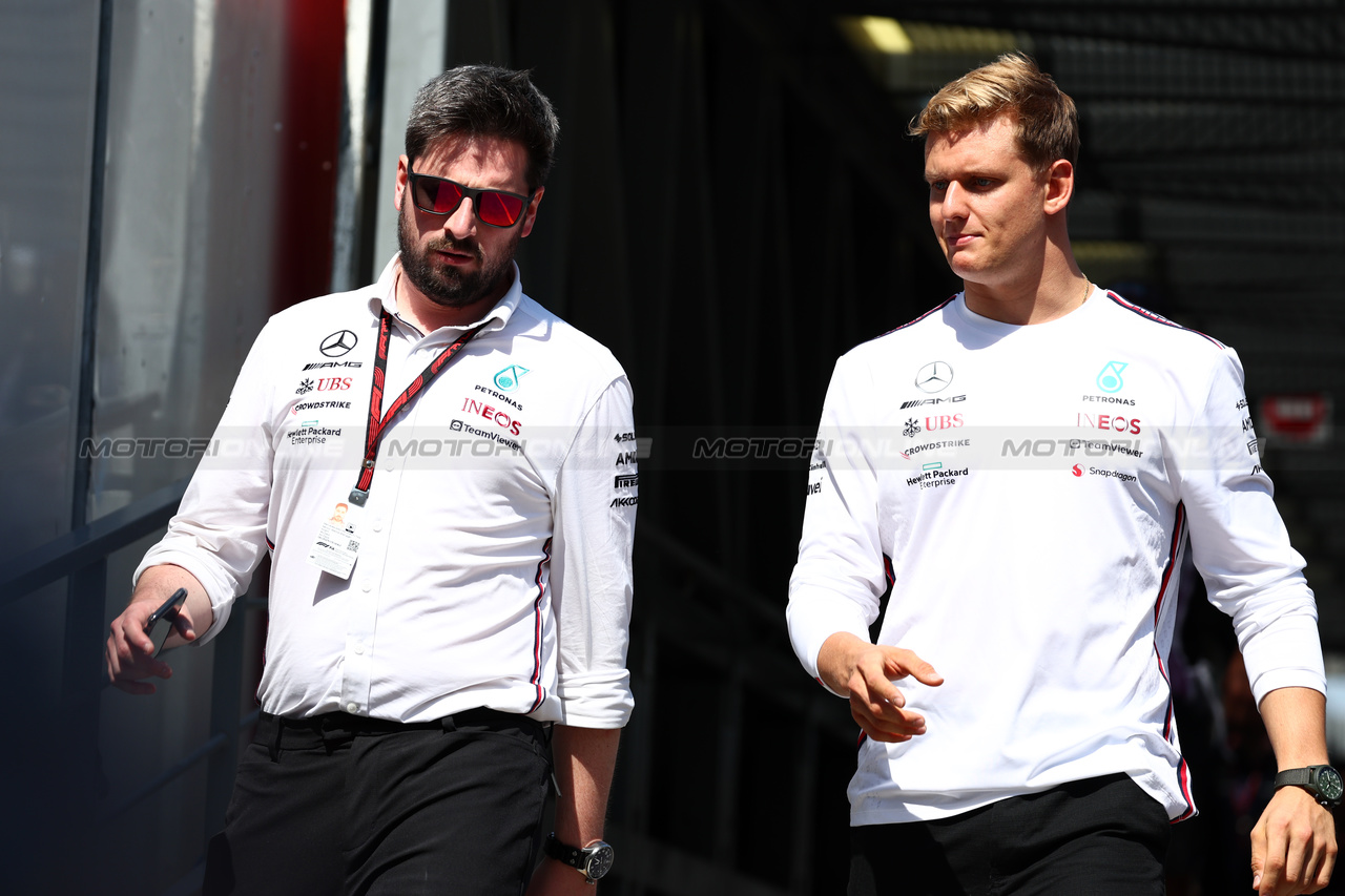 GP MONACO, (L to R): Adam McDaid (GBR) Mercedes AMG F1 Senior Media Manager with Mick Schumacher (GER) Mercedes AMG F1 Reserve Driver.

27.05.2023. Formula 1 World Championship, Rd 7, Monaco Grand Prix, Monte Carlo, Monaco, Qualifiche Day.

 - www.xpbimages.com, EMail: requests@xpbimages.com ¬© Copyright: Coates / XPB Images
