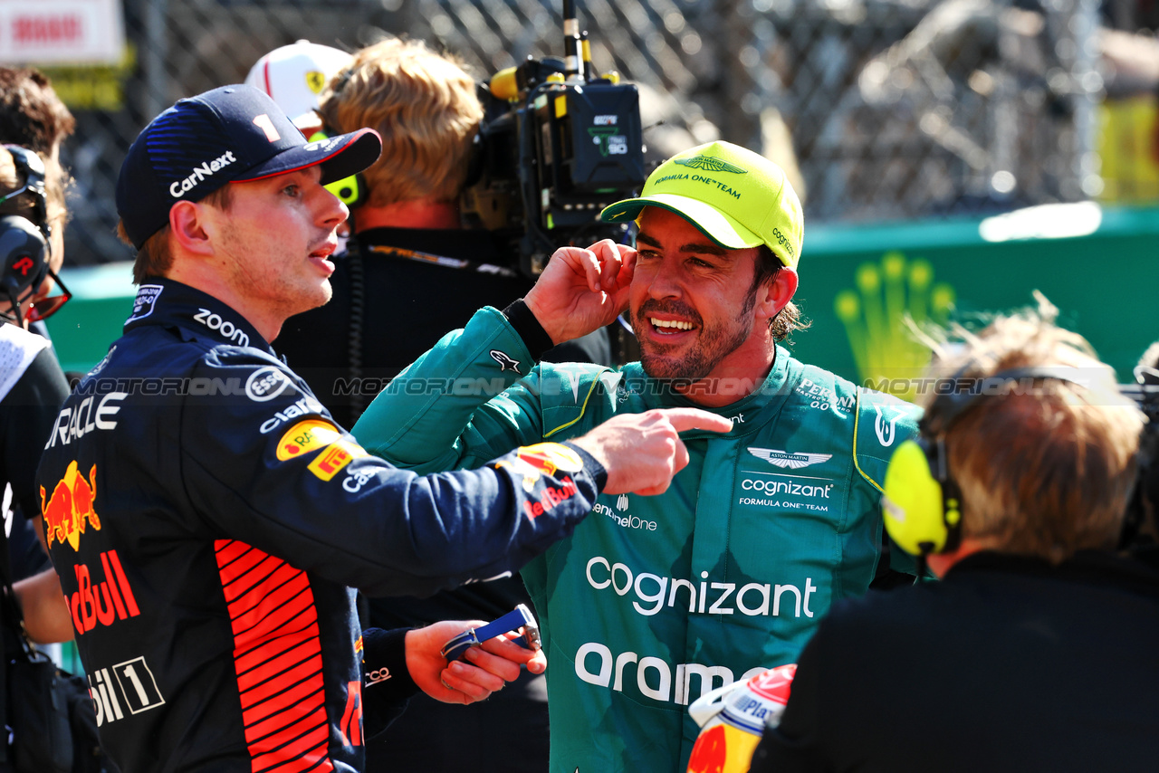 GP MONACO, (L to R): Pole sitter Max Verstappen (NLD) Red Bull Racing with second placed Fernando Alonso (ESP) Aston Martin F1 Team in qualifying parc ferme.

27.05.2023. Formula 1 World Championship, Rd 7, Monaco Grand Prix, Monte Carlo, Monaco, Qualifiche Day.

 - www.xpbimages.com, EMail: requests@xpbimages.com ¬© Copyright: Coates / XPB Images