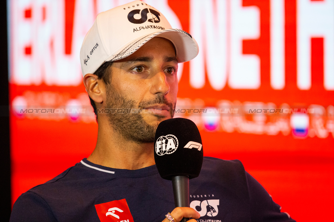 GP OLANDA, Daniel Ricciardo (AUS) AlphaTauri in the FIA Press Conference.

24.08.2023. Formula 1 World Championship, Rd 14, Dutch Grand Prix, Zandvoort, Netherlands, Preparation Day.

- www.xpbimages.com, EMail: requests@xpbimages.com © Copyright: XPB Images