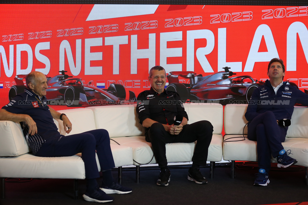 GP OLANDA, (L to R): Franz Tost (AUT) AlphaTauri Team Principal; Guenther Steiner (ITA) Haas F1 Team Prinicipal; e James Vowles (GBR) Williams Racing Team Principal, in the FIA Press Conference.

25.08.2023. Formula 1 World Championship, Rd 14, Dutch Grand Prix, Zandvoort, Netherlands, Practice Day.

- www.xpbimages.com, EMail: requests@xpbimages.com © Copyright: XPB Images