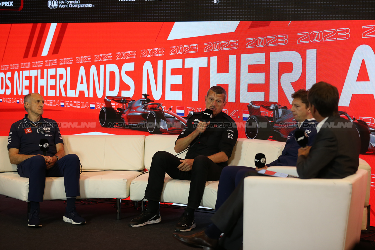 GP OLANDA, (L to R): Franz Tost (AUT) AlphaTauri Team Principal; Guenther Steiner (ITA) Haas F1 Team Prinicipal; e James Vowles (GBR) Williams Racing Team Principal, in the FIA Press Conference.

25.08.2023. Formula 1 World Championship, Rd 14, Dutch Grand Prix, Zandvoort, Netherlands, Practice Day.

- www.xpbimages.com, EMail: requests@xpbimages.com © Copyright: XPB Images