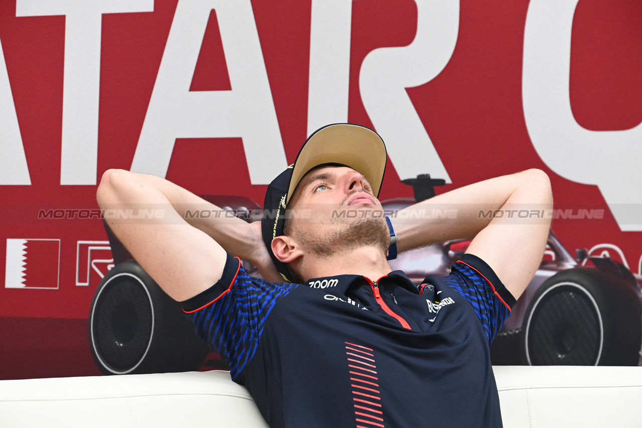 GP QATAR, Max Verstappen (NLD) Red Bull Racing in the post race FIA Press Conference.

08.10.2023. Formula 1 World Championship, Rd 18, Qatar Grand Prix, Doha, Qatar, Gara Day.

- www.xpbimages.com, EMail: requests@xpbimages.com © Copyright: XPB Images