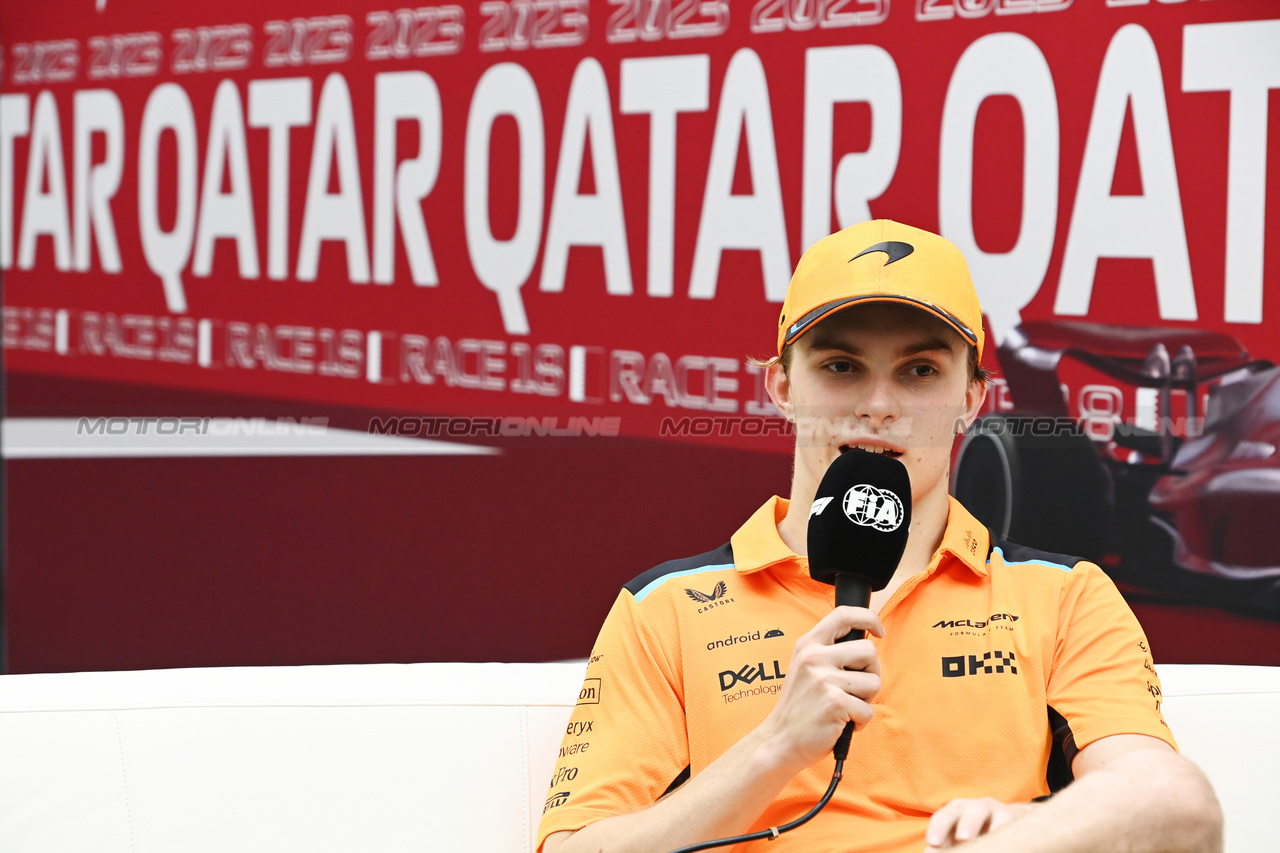 GP QATAR, Oscar Piastri (AUS) McLaren, in the post race FIA Press Conference.

08.10.2023. Formula 1 World Championship, Rd 18, Qatar Grand Prix, Doha, Qatar, Gara Day.

- www.xpbimages.com, EMail: requests@xpbimages.com © Copyright: XPB Images