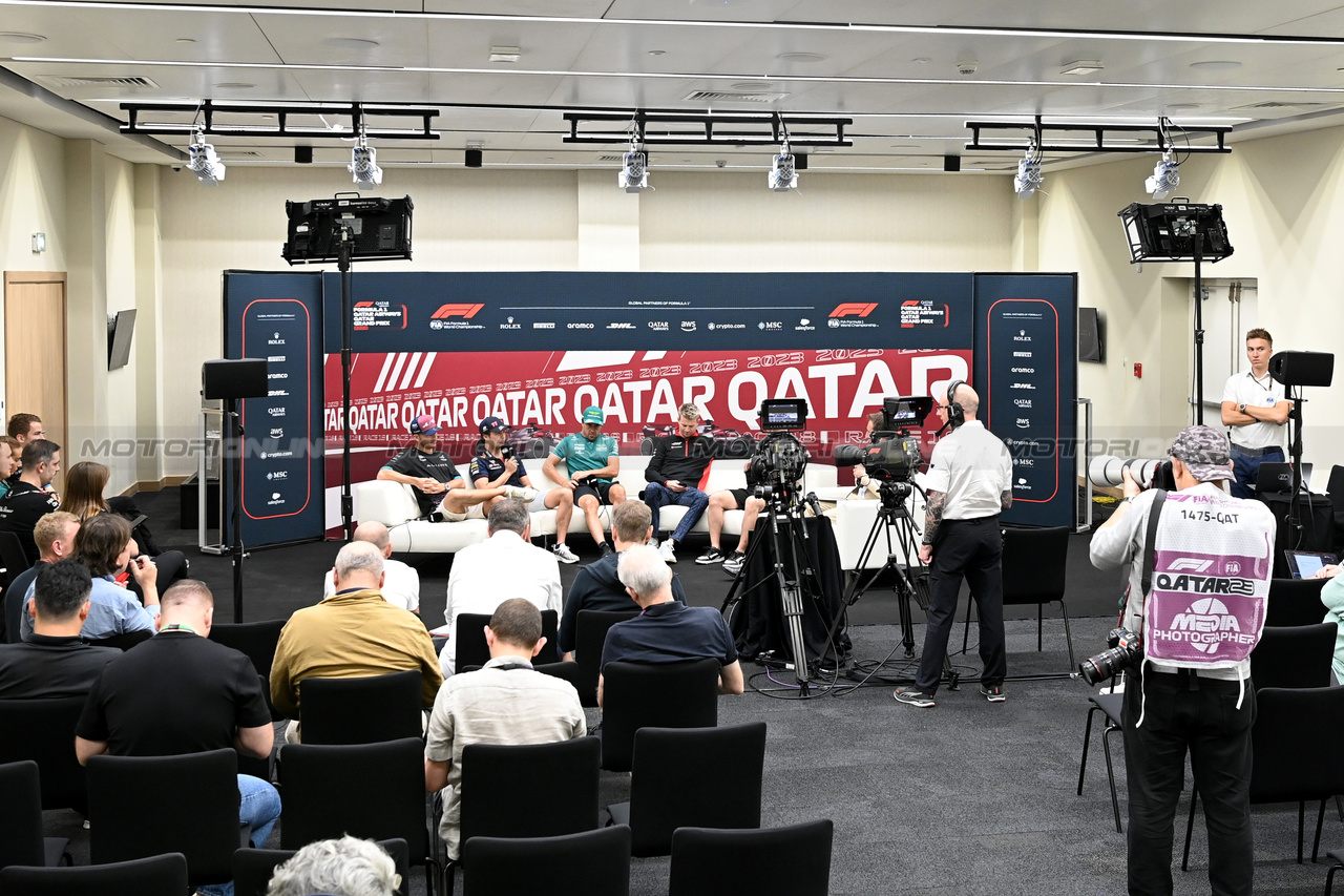 GP QATAR, (L to R): Pierre Gasly (FRA) Alpine F1 Team; Sergio Perez (MEX) Red Bull Racing; Fernando Alonso (ESP) Aston Martin F1 Team; Nico Hulkenberg (GER) Haas F1 Team, in the FIA Press Conference.

05.10.2023. Formula 1 World Championship, Rd 18, Qatar Grand Prix, Doha, Qatar, Preparation Day.

- www.xpbimages.com, EMail: requests@xpbimages.com © Copyright: XPB Images