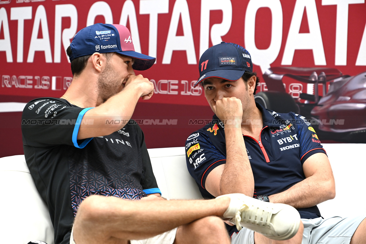 GP QATAR, (L to R): Pierre Gasly (FRA) Alpine F1 Team e Sergio Perez (MEX) Red Bull Racing in the FIA Press Conference.

05.10.2023. Formula 1 World Championship, Rd 18, Qatar Grand Prix, Doha, Qatar, Preparation Day.

- www.xpbimages.com, EMail: requests@xpbimages.com © Copyright: XPB Images