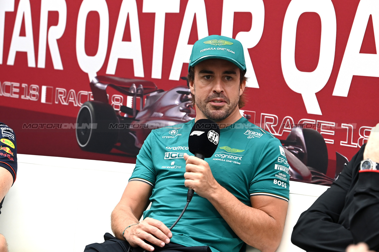 GP QATAR, Fernando Alonso (ESP) Aston Martin F1 Team in the FIA Press Conference.

05.10.2023. Formula 1 World Championship, Rd 18, Qatar Grand Prix, Doha, Qatar, Preparation Day.

- www.xpbimages.com, EMail: requests@xpbimages.com © Copyright: XPB Images