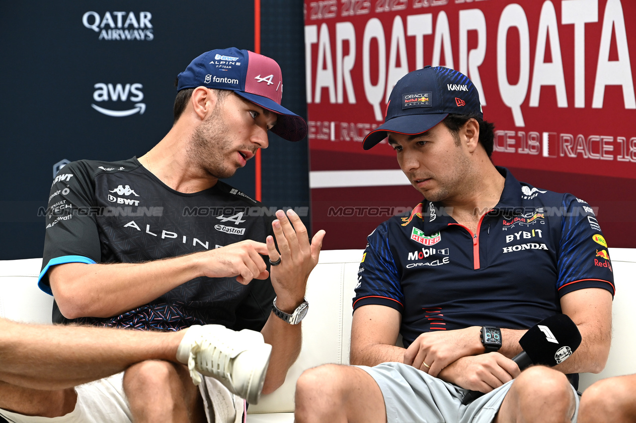 GP QATAR, (L to R): Pierre Gasly (FRA) Alpine F1 Team e Sergio Perez (MEX) Red Bull Racing in the FIA Press Conference.

05.10.2023. Formula 1 World Championship, Rd 18, Qatar Grand Prix, Doha, Qatar, Preparation Day.

- www.xpbimages.com, EMail: requests@xpbimages.com © Copyright: XPB Images