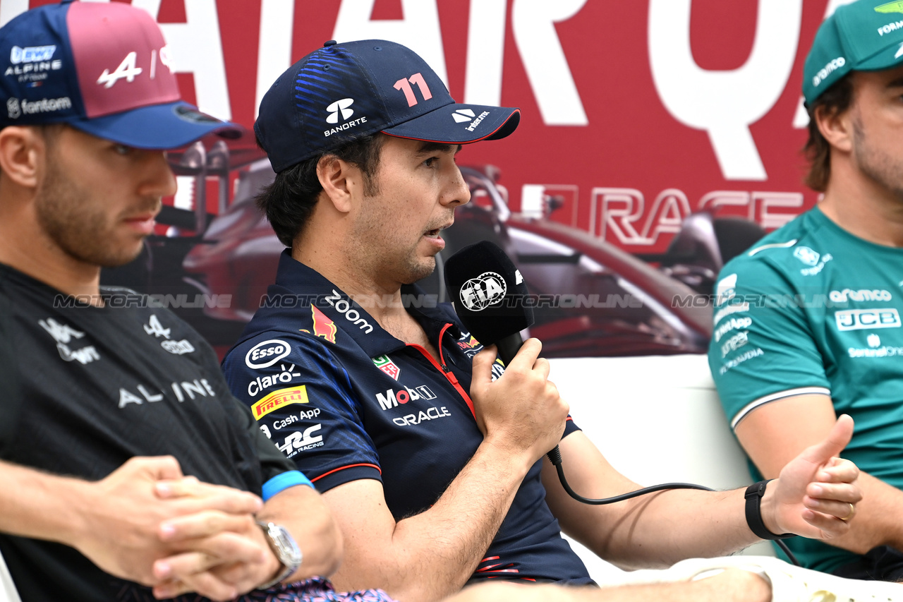 GP QATAR, Sergio Perez (MEX) Red Bull Racing in the FIA Press Conference.

05.10.2023. Formula 1 World Championship, Rd 18, Qatar Grand Prix, Doha, Qatar, Preparation Day.

- www.xpbimages.com, EMail: requests@xpbimages.com © Copyright: XPB Images