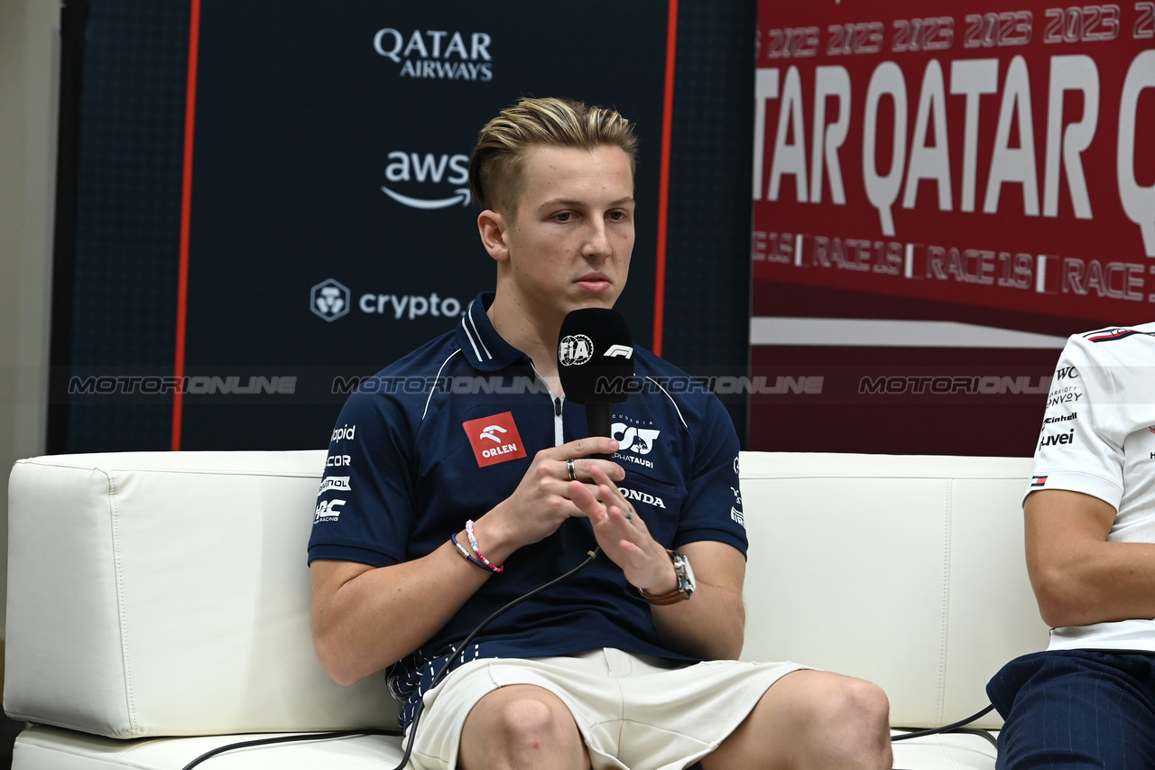 GP QATAR, Liam Lawson (NZL) AlphaTauri in the FIA Press Conference.

05.10.2023. Formula 1 World Championship, Rd 18, Qatar Grand Prix, Doha, Qatar, Preparation Day.

- www.xpbimages.com, EMail: requests@xpbimages.com © Copyright: XPB Images