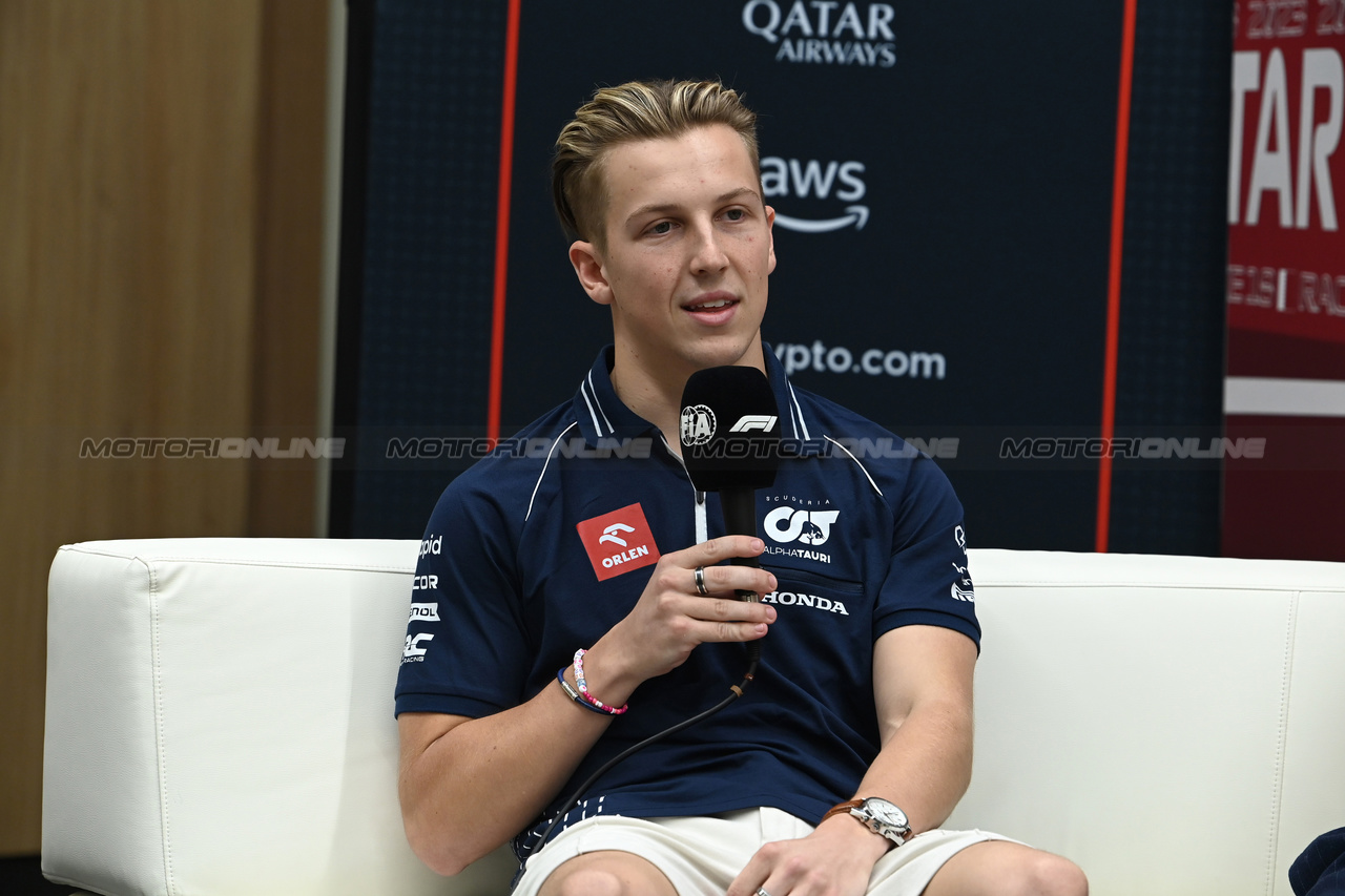 GP QATAR, Liam Lawson (NZL) AlphaTauri in the FIA Press Conference.

05.10.2023. Formula 1 World Championship, Rd 18, Qatar Grand Prix, Doha, Qatar, Preparation Day.

- www.xpbimages.com, EMail: requests@xpbimages.com © Copyright: XPB Images