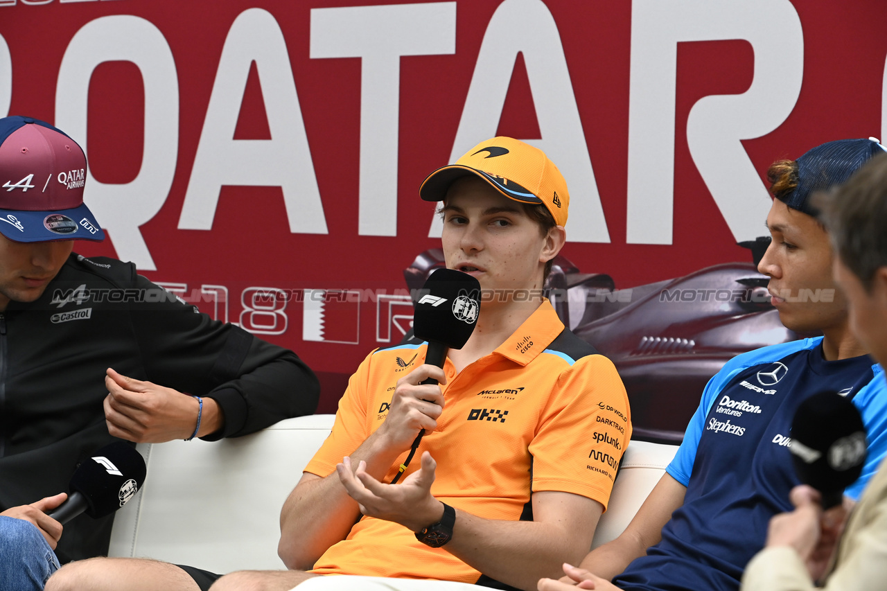 GP QATAR, Oscar Piastri (AUS) McLaren in the FIA Press Conference.

05.10.2023. Formula 1 World Championship, Rd 18, Qatar Grand Prix, Doha, Qatar, Preparation Day.

- www.xpbimages.com, EMail: requests@xpbimages.com © Copyright: XPB Images