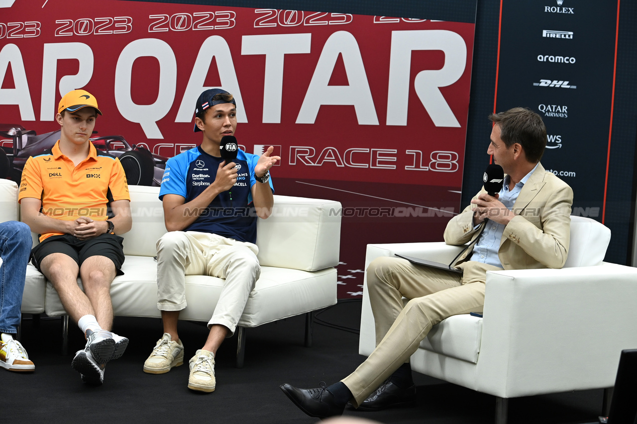 GP QATAR, Alexander Albon (THA) Williams Racing e Oscar Piastri (AUS) McLaren in the FIA Press Conference.

05.10.2023. Formula 1 World Championship, Rd 18, Qatar Grand Prix, Doha, Qatar, Preparation Day.

- www.xpbimages.com, EMail: requests@xpbimages.com © Copyright: XPB Images