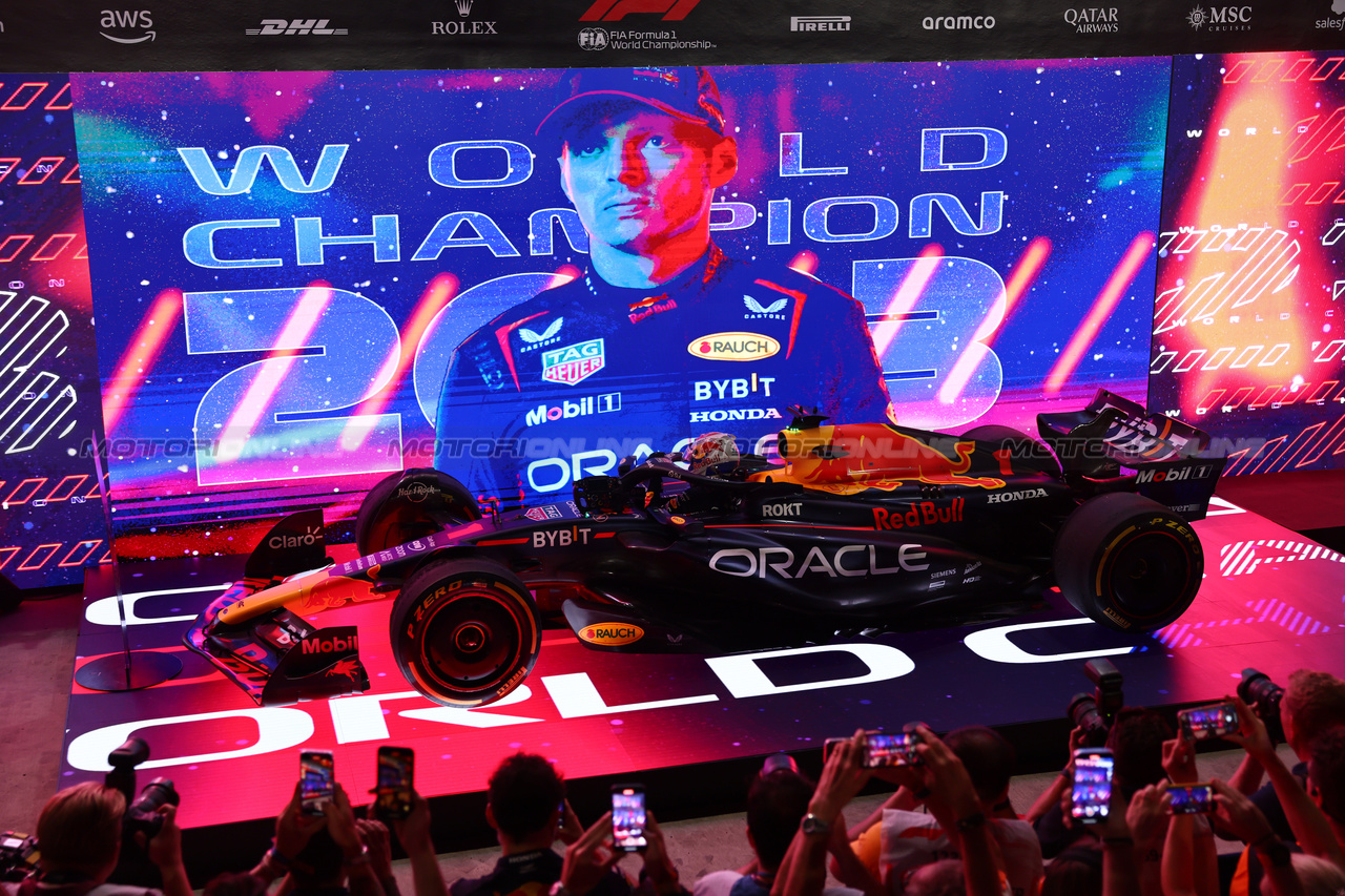 GP QATAR, Max Verstappen (NLD) Red Bull Racing celebrates winning his third World Championship in Sprint parc ferme.
07.10.2023. Formula 1 World Championship, Rd 18, Qatar Grand Prix, Doha, Qatar, Sprint Day.
- www.xpbimages.com, EMail: requests@xpbimages.com © Copyright: Batchelor / XPB Images