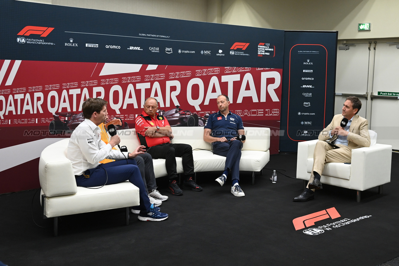 GP QATAR, (L to R): James Vowles (GBR) Williams Racing Team Principal; Andrea Stella (ITA) McLaren Team Principal; Frederic Vasseur (FRA) Ferrari Team Principal; e Peter Bayer, AlphaTauri Chief Executive Officer, in the FIA Press Conference.

06.10.2023 Formula 1 World Championship, Rd 18, Qatar Grand Prix, Doha, Qatar, Qualifiche Day.

- www.xpbimages.com, EMail: requests@xpbimages.com © Copyright: XPB Images