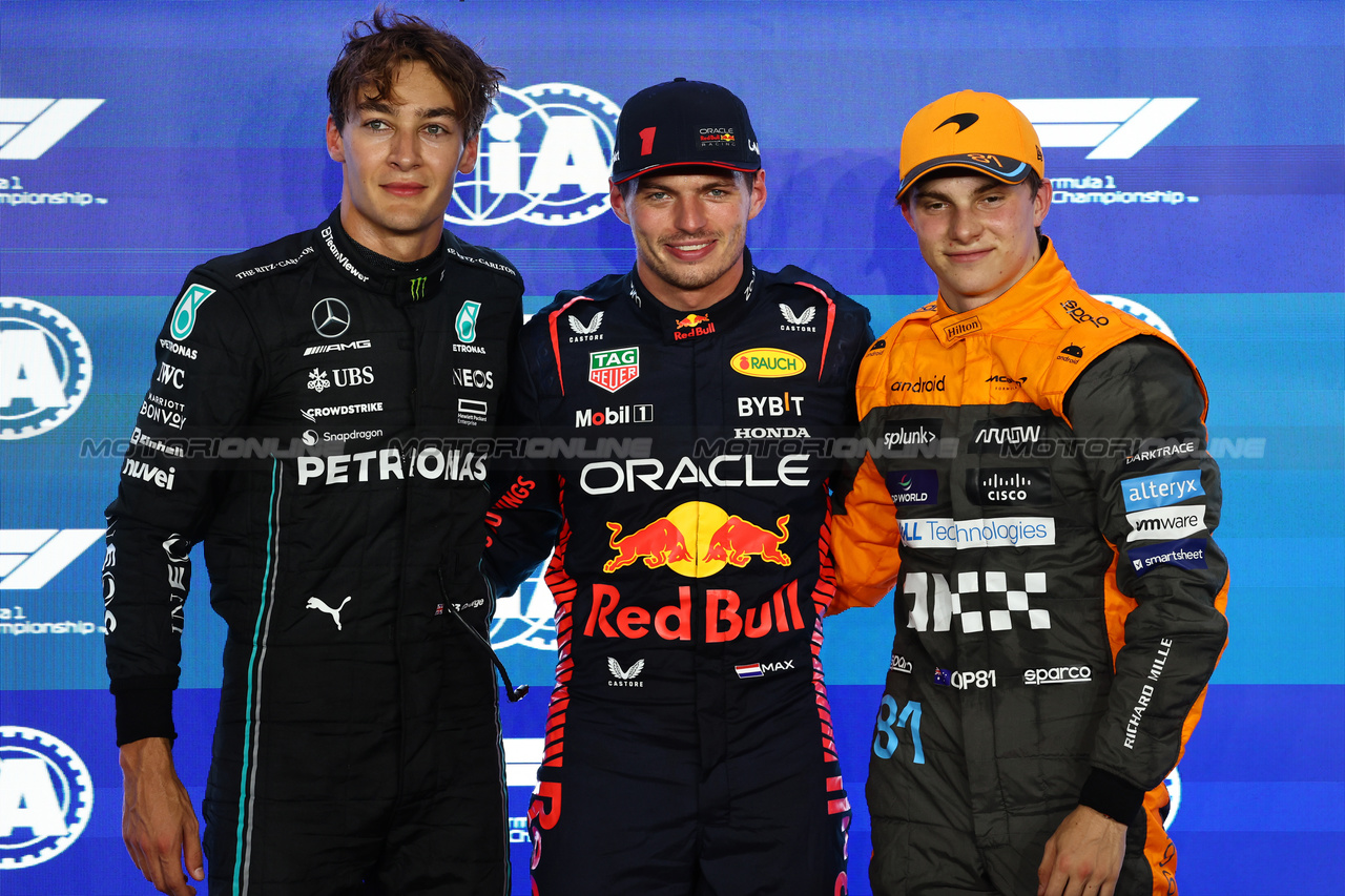 GP QATAR, Pole position for Max Verstappen (NLD) Red Bull Racing, 2nd for George Russell (GBR) Mercedes AMG F1 e 6th for Oscar Piastri (AUS) McLaren.
06.10.2023 Formula 1 World Championship, Rd 18, Qatar Grand Prix, Doha, Qatar, Qualifiche Day.
- www.xpbimages.com, EMail: requests@xpbimages.com © Copyright: Batchelor / XPB Images