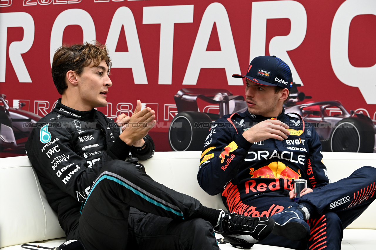 GP QATAR, (L to R): George Russell (GBR) Mercedes AMG F1 e Max Verstappen (NLD) Red Bull Racing in the post qualifying FIA Press Conference.

06.10.2023 Formula 1 World Championship, Rd 18, Qatar Grand Prix, Doha, Qatar, Qualifiche Day.

- www.xpbimages.com, EMail: requests@xpbimages.com © Copyright: XPB Images