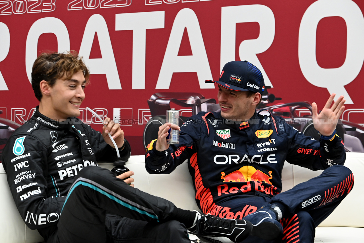 GP QATAR, (L to R): George Russell (GBR) Mercedes AMG F1 e Max Verstappen (NLD) Red Bull Racing in the post qualifying FIA Press Conference.

06.10.2023 Formula 1 World Championship, Rd 18, Qatar Grand Prix, Doha, Qatar, Qualifiche Day.

- www.xpbimages.com, EMail: requests@xpbimages.com © Copyright: XPB Images