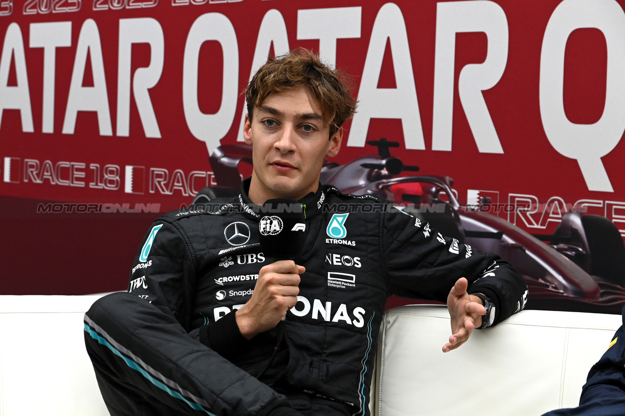 GP QATAR, George Russell (GBR) Mercedes AMG F1 in the post qualifying FIA Press Conference.

06.10.2023 Formula 1 World Championship, Rd 18, Qatar Grand Prix, Doha, Qatar, Qualifiche Day.

- www.xpbimages.com, EMail: requests@xpbimages.com © Copyright: XPB Images
