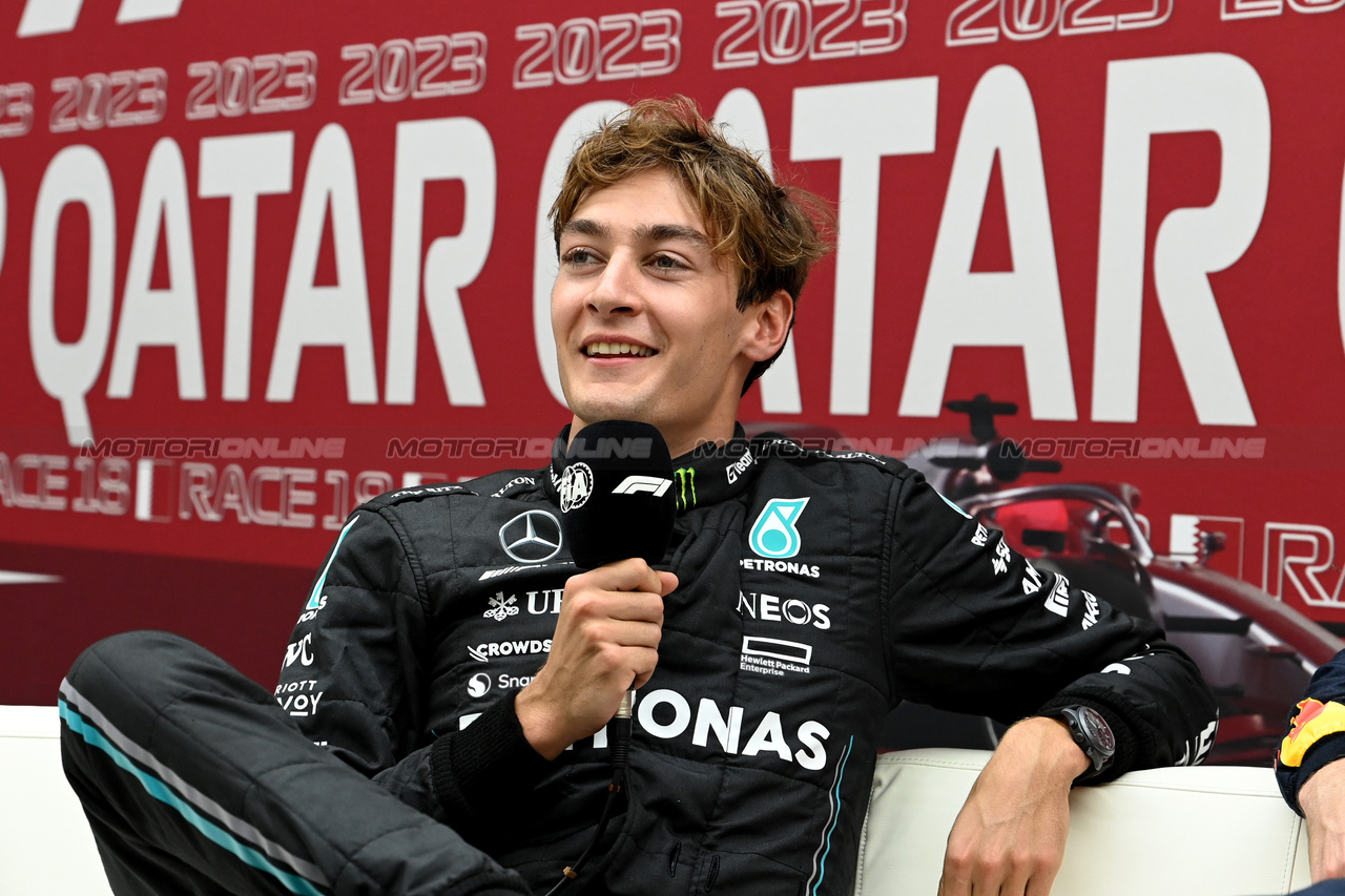 GP QATAR, George Russell (GBR) Mercedes AMG F1 in the post qualifying FIA Press Conference.

06.10.2023 Formula 1 World Championship, Rd 18, Qatar Grand Prix, Doha, Qatar, Qualifiche Day.

- www.xpbimages.com, EMail: requests@xpbimages.com © Copyright: XPB Images