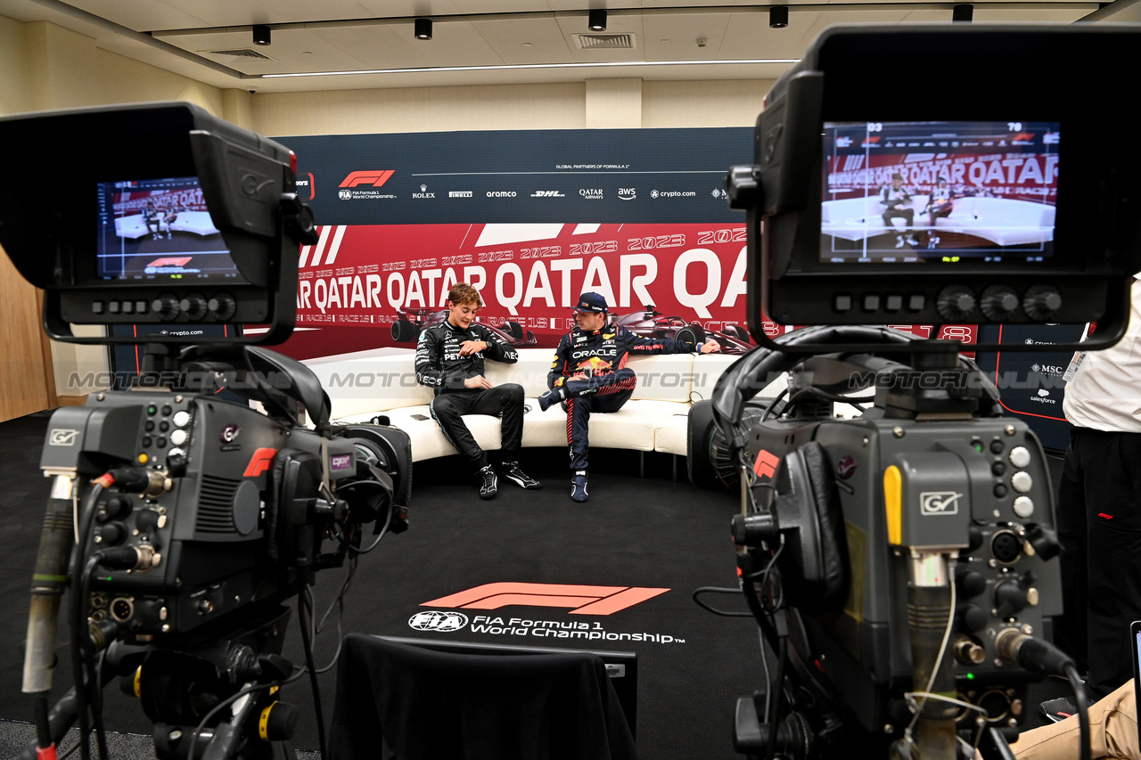 GP QATAR, (L to R): George Russell (GBR) Mercedes AMG F1 e Max Verstappen (NLD) Red Bull Racing in the post qualifying FIA Press Conference.

06.10.2023 Formula 1 World Championship, Rd 18, Qatar Grand Prix, Doha, Qatar, Qualifiche Day.

- www.xpbimages.com, EMail: requests@xpbimages.com © Copyright: XPB Images