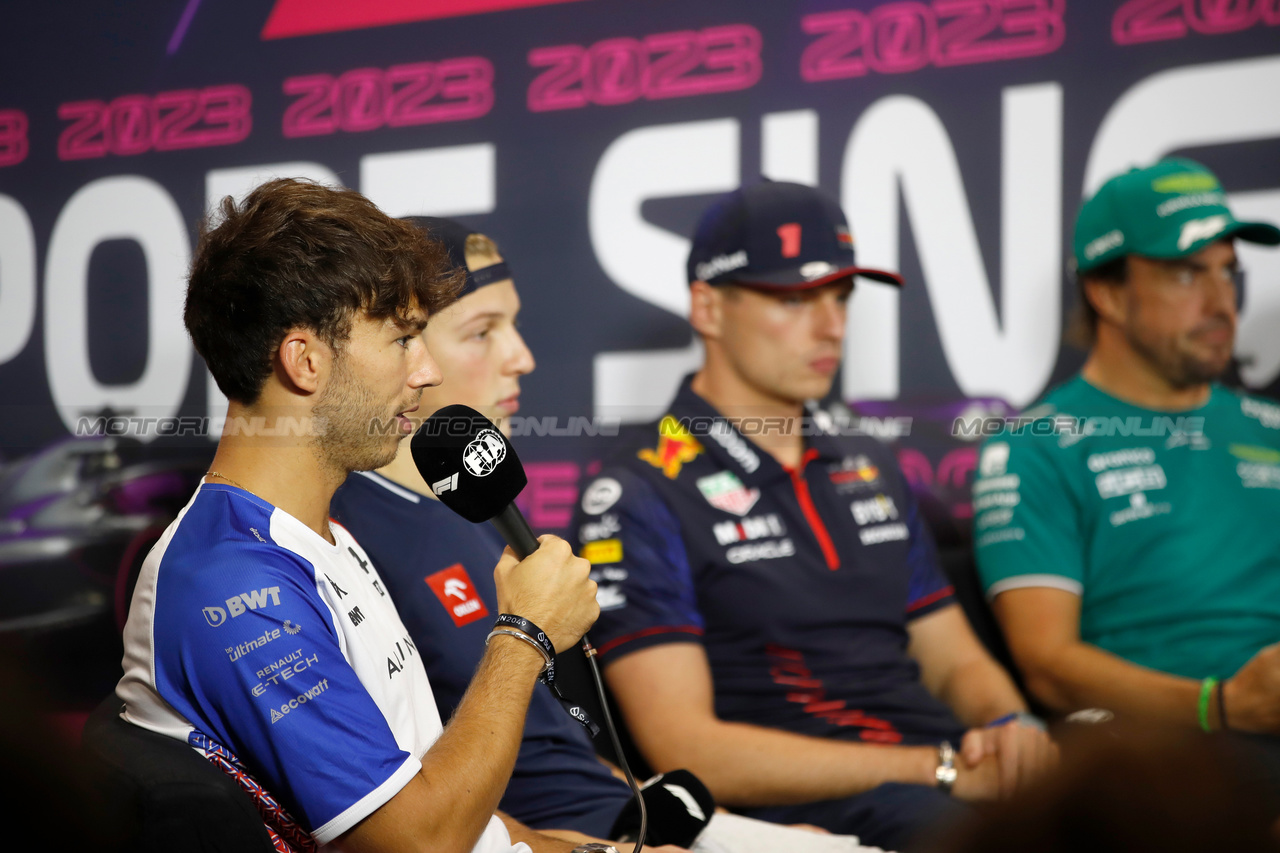 GP SINGAPORE, Pierre Gasly (FRA) Alpine F1 Team in the FIA Press Conference.

14.09.2023. Formula 1 World Championship, Rd 16, Singapore Grand Prix, Marina Bay Street Circuit, Singapore, Preparation Day.

- www.xpbimages.com, EMail: requests@xpbimages.com © Copyright: XPB Images